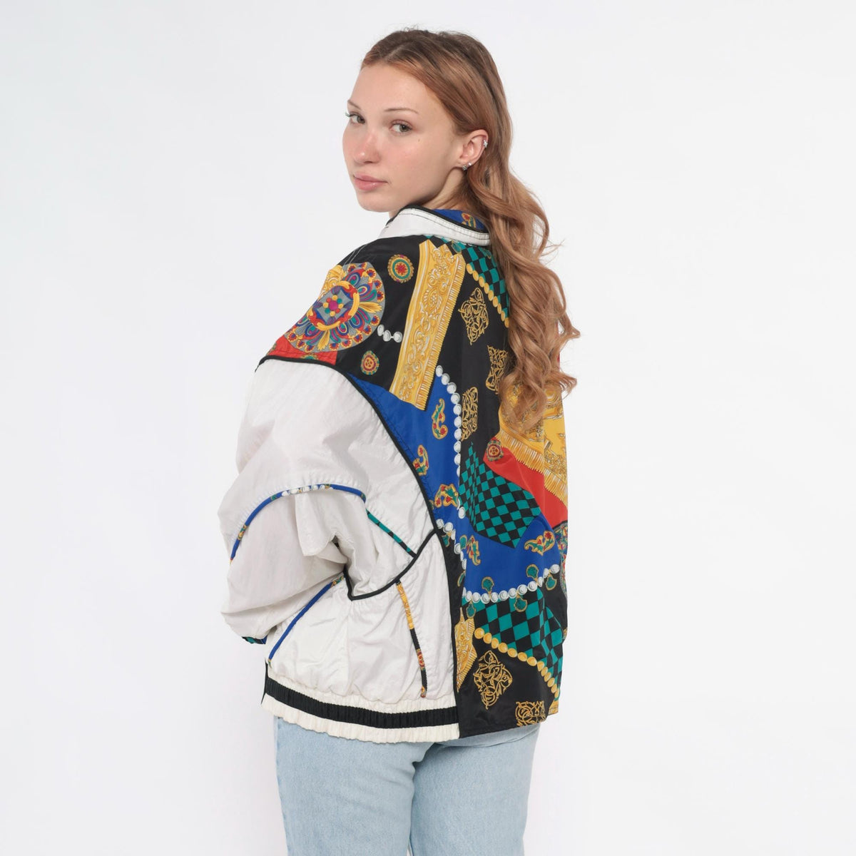 90s East West Windbreaker Multicolor Baroque Checkerboard Chain Print Large