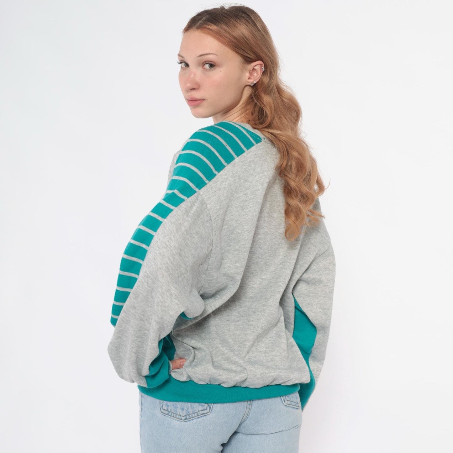 90s Teal Colorblock Sweatshirt Grey Striped Sleeve Crewneck Medium M