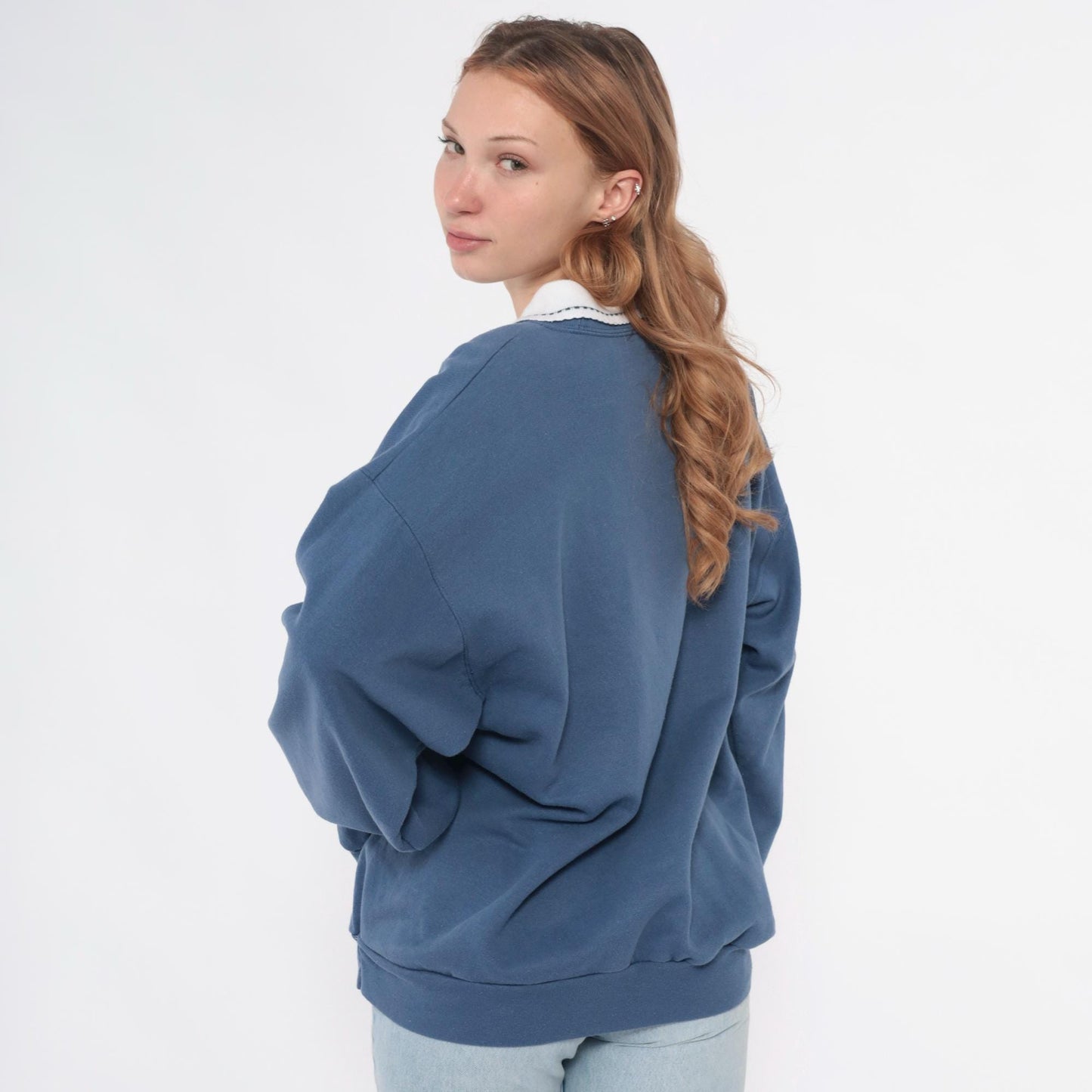 90s Morning Sun Butterfly Embroidered Sweatshirt Dusty Blue Peter Pan Collar Large