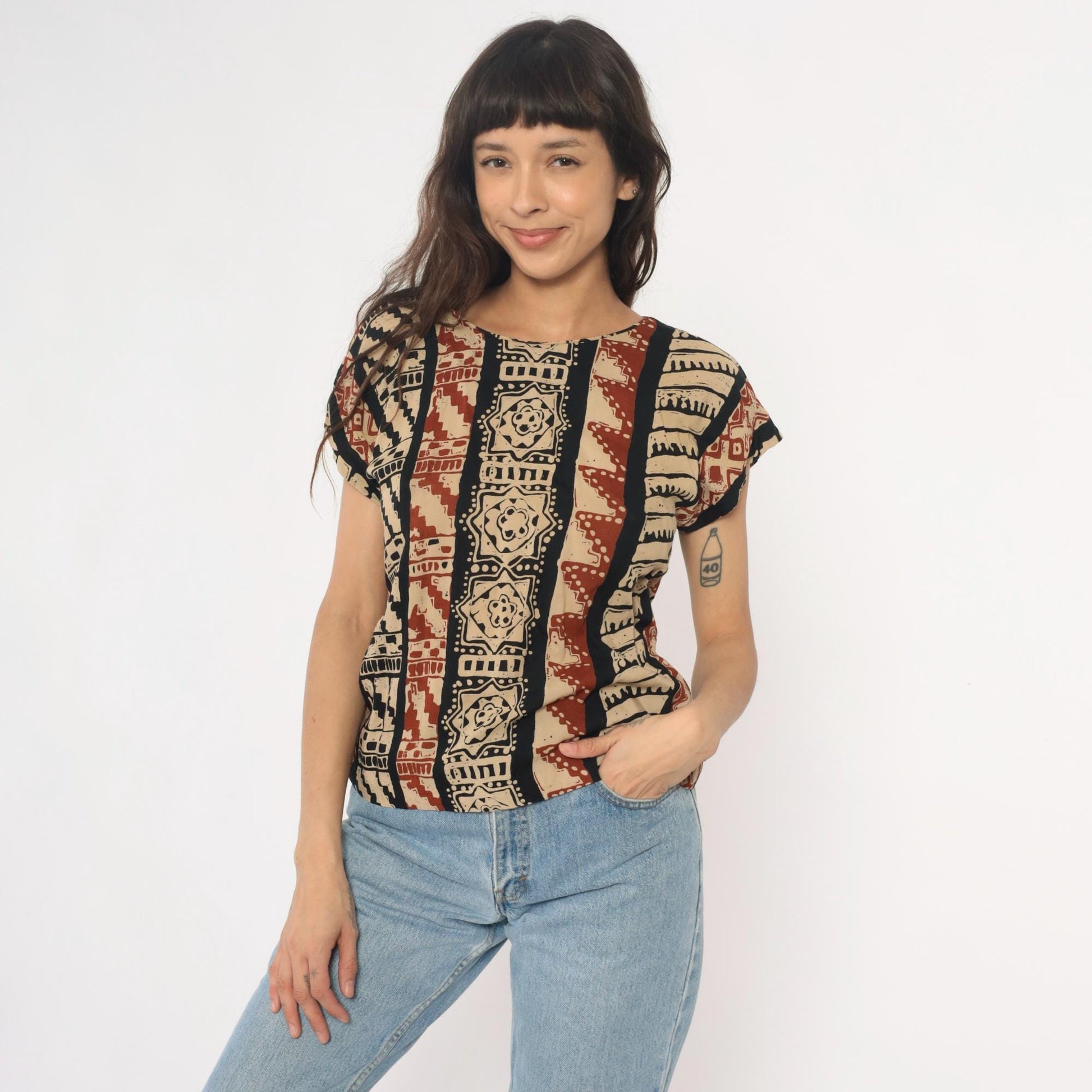 90s Lia G Petites Tribal Geometric Striped Blouse Beige Black Rust Medium