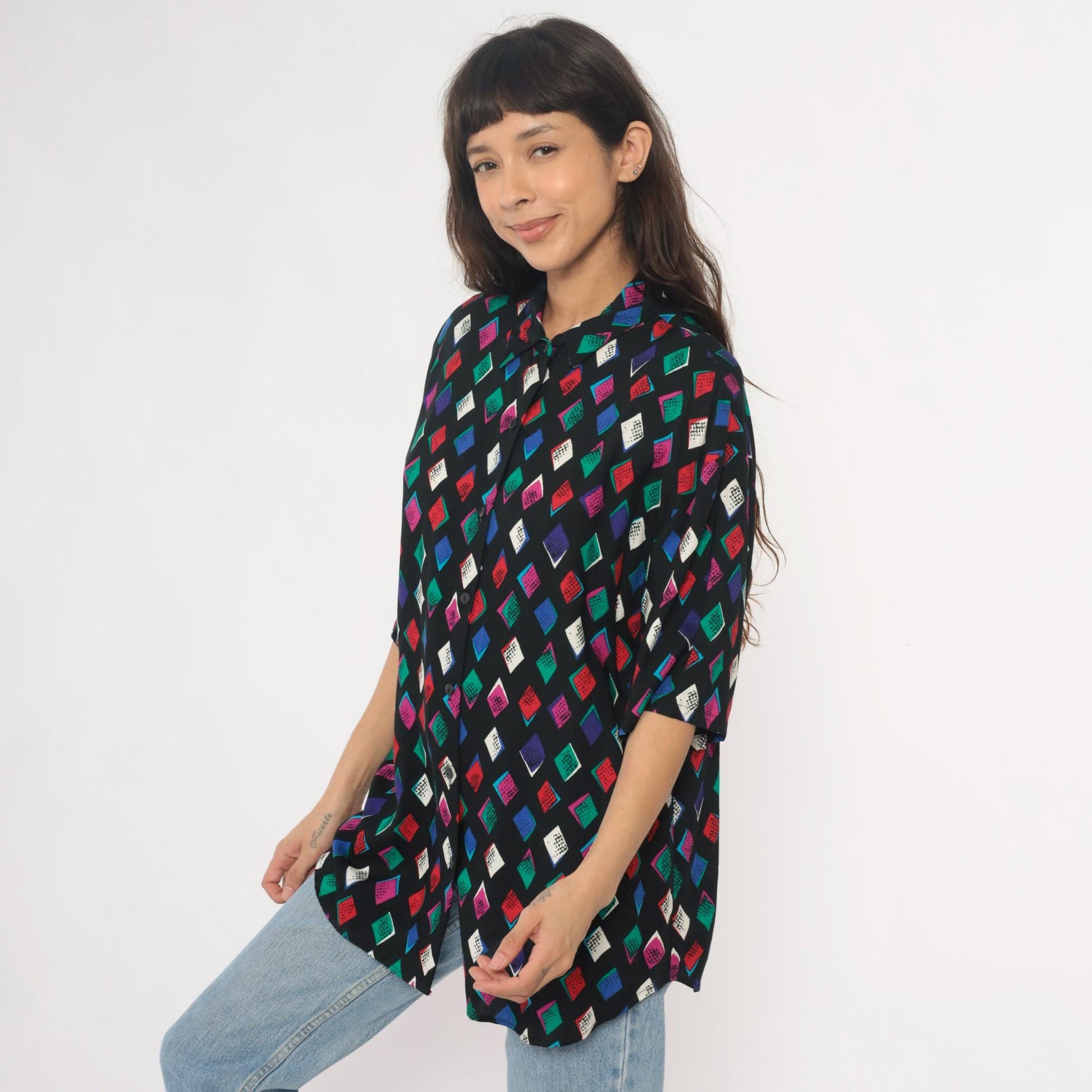 90s Black Harlequin Diamond Rayon Shirt Multicolor Button-Front Medium