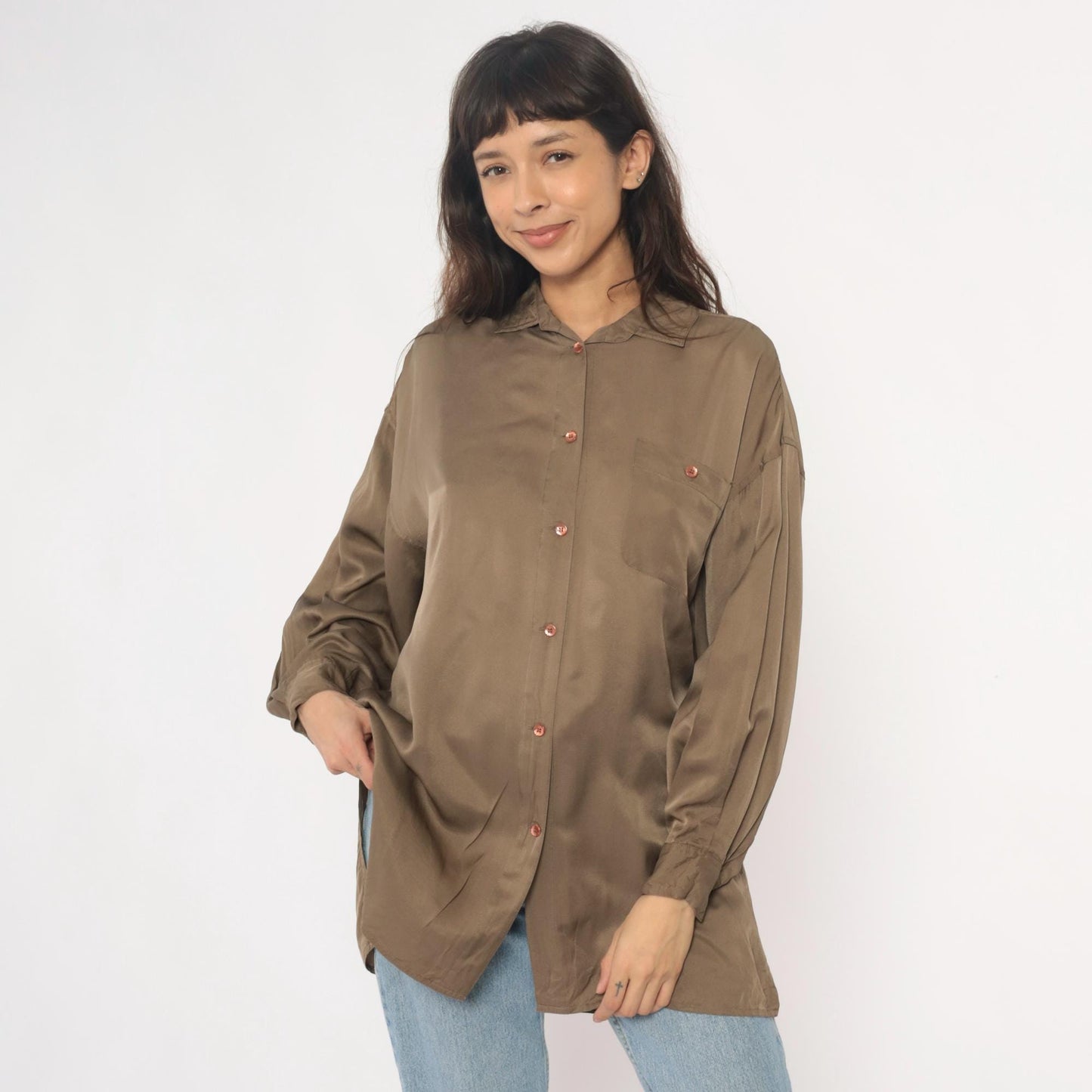 90s La Vogue Silk Button-Up Blouse Olive Chest Pocket Medium M