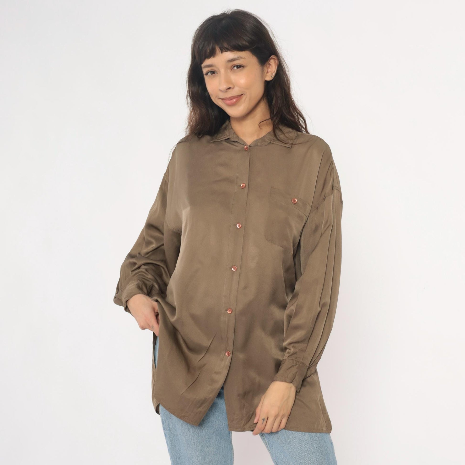 90s La Vogue Silk Button-Up Blouse Olive Chest Pocket Medium M