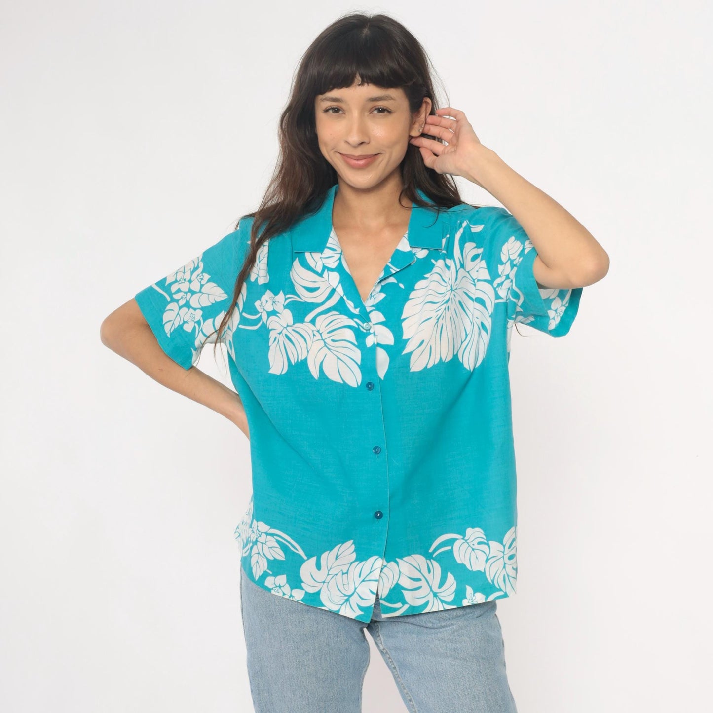 80s Hilo Hattie Hawaiian Shirt Turquoise Monstera Leaf Print Large