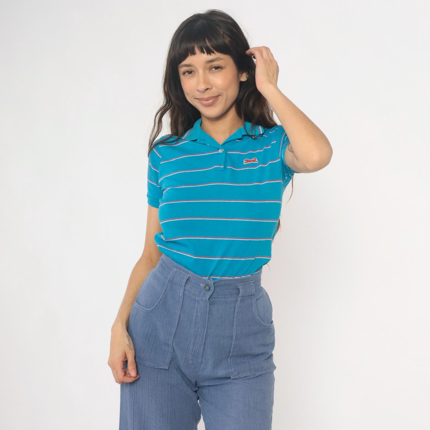 90s Le Tigre Polo Striped Blue Red White Horizontal Collared Shirt Extra Large XL