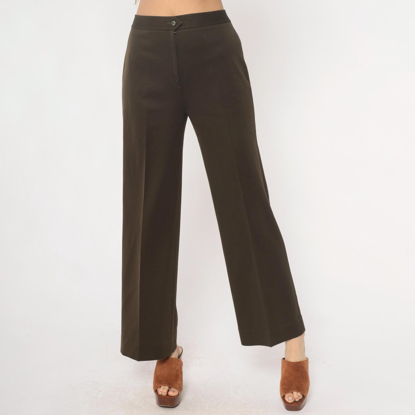 70s High Waisted Brown Straight Leg Trousers Flat Front Medium