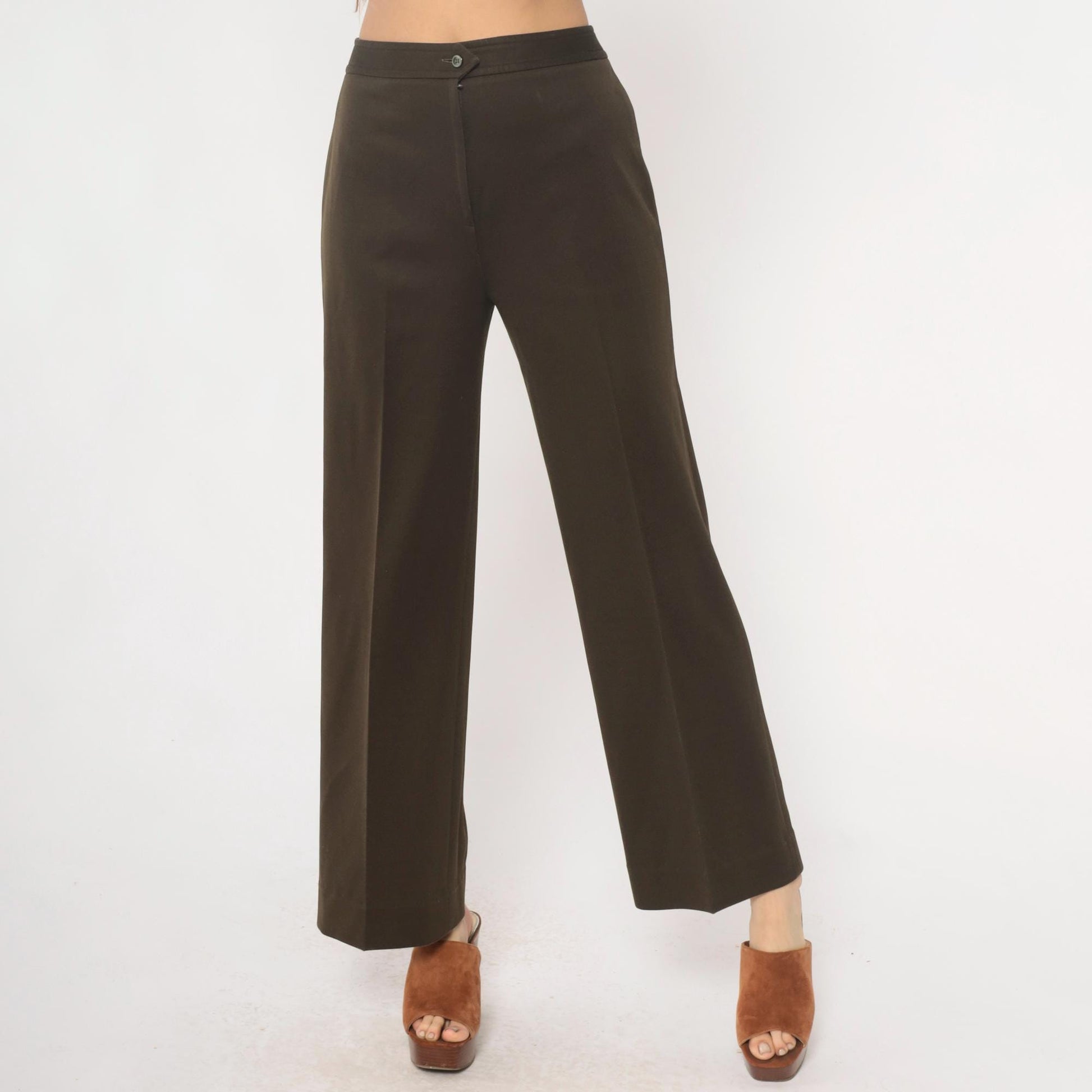 70s High Waisted Brown Straight Leg Trousers Flat Front Medium