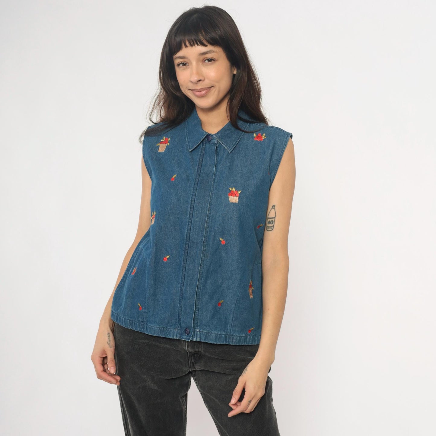 90s Allison Daley Denim Vest Embroidered Apple Basket Blue Collared Medium