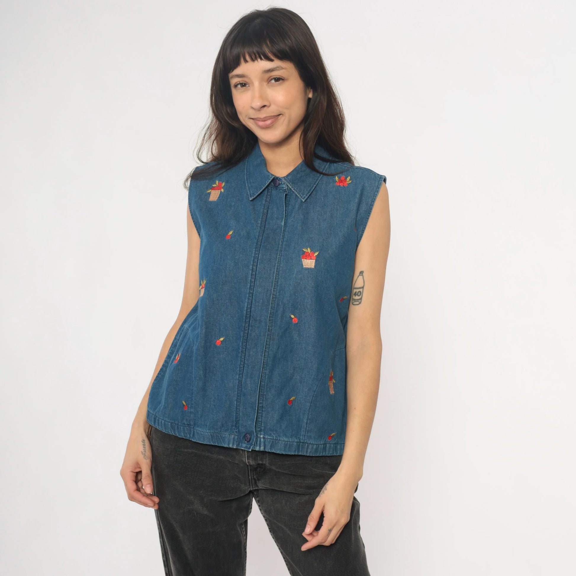 90s Allison Daley Denim Vest Embroidered Apple Basket Blue Collared Medium