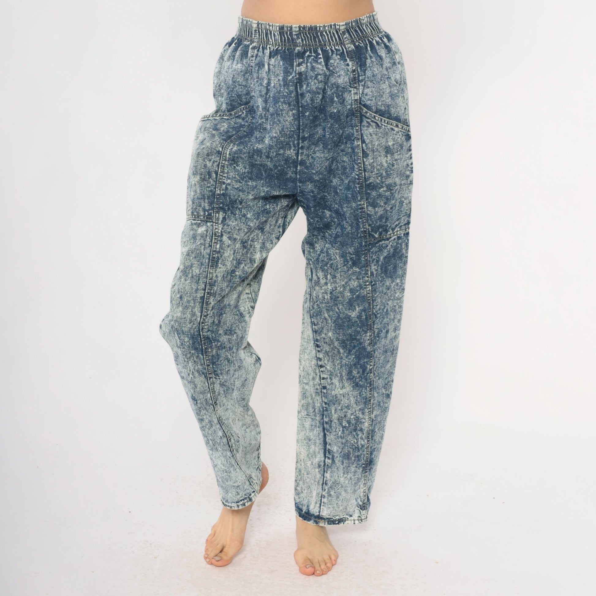 90s Acid Wash Denim High Rise Elastic Waist Straight Leg Light Blue Small Medium