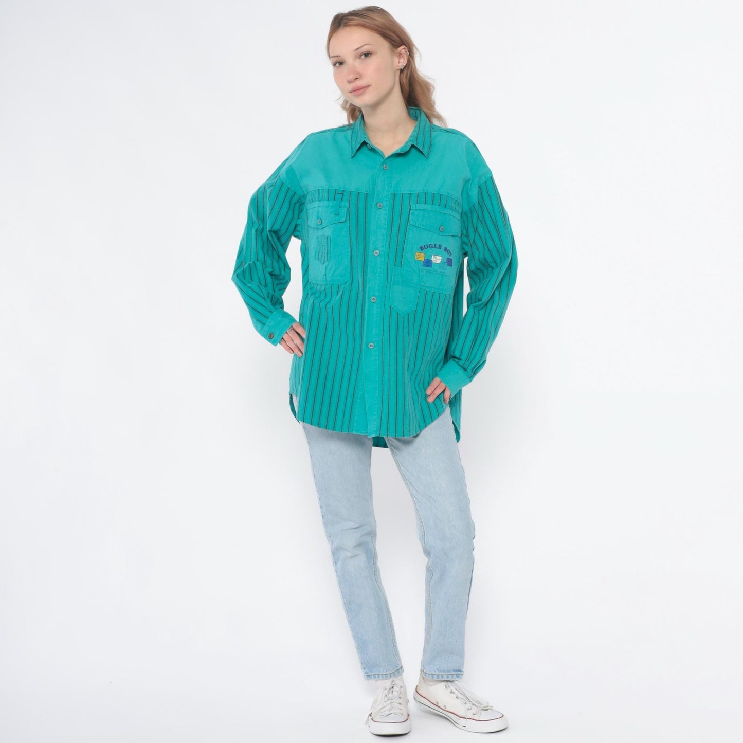 90s Bugle Boy Turquoise Striped Cotton Button-Up Shirt Large L