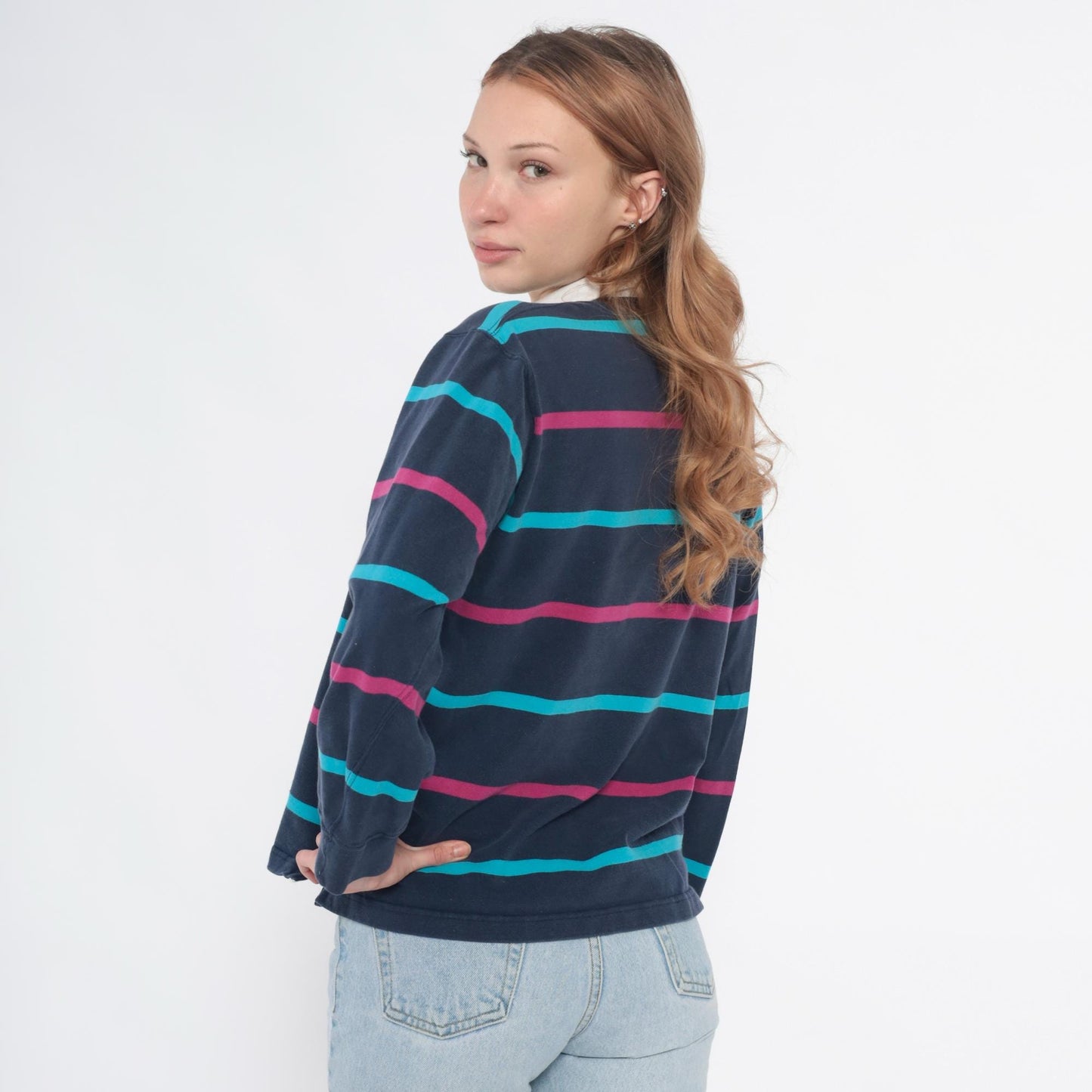 90s Dover by Arrow Rugby Polo Navy Pink Teal Striped Cotton Small