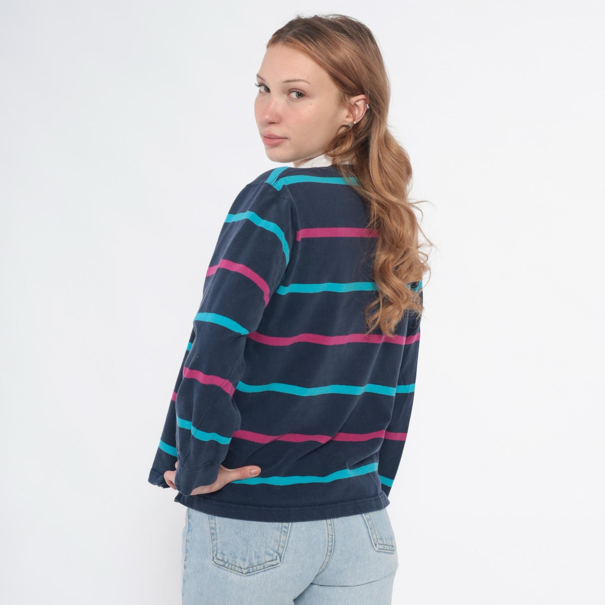 90s Dover by Arrow Rugby Polo Navy Pink Teal Striped Cotton Small