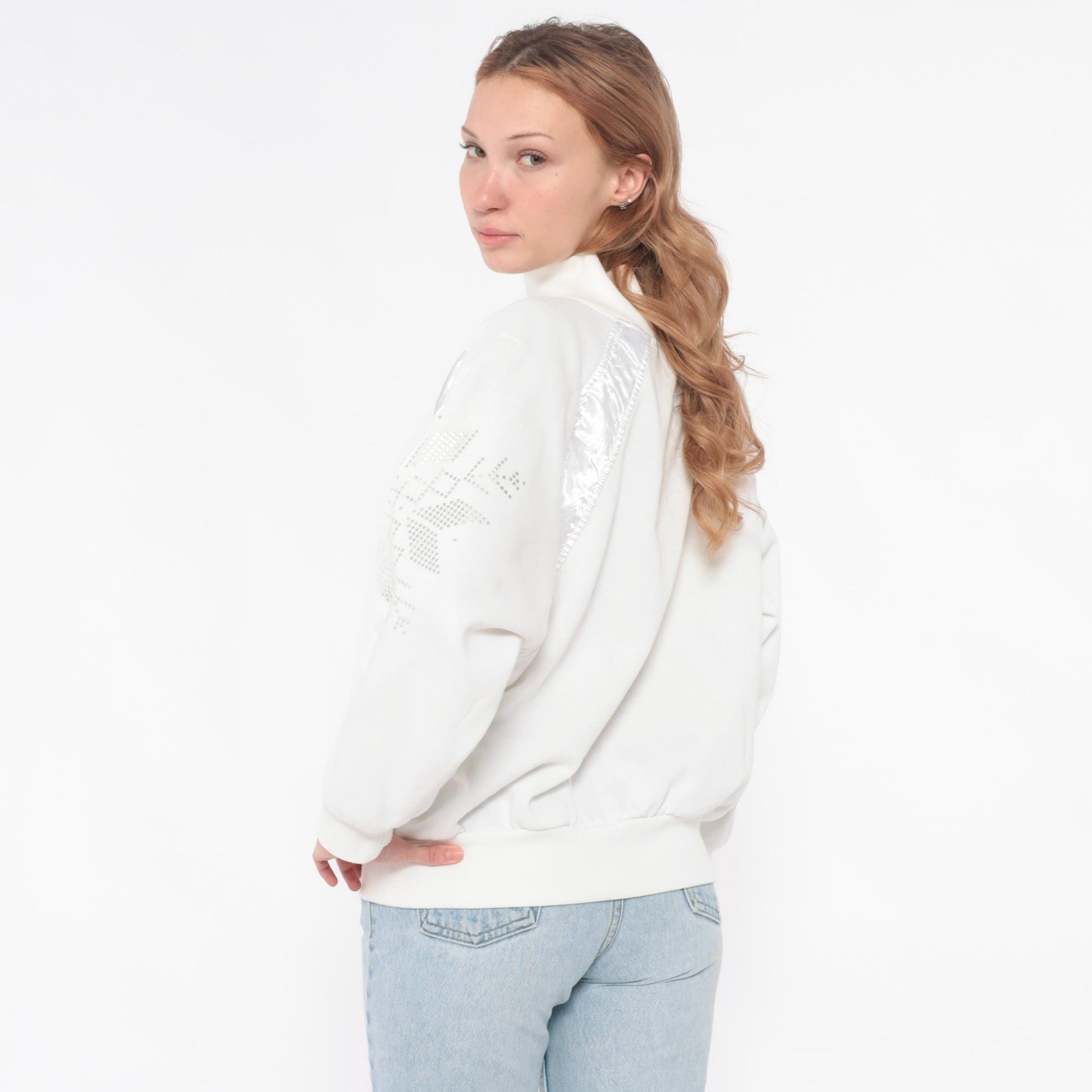 90s Adidas White Rhinestone Snowflake Sweatshirt Satin Panel Medium M