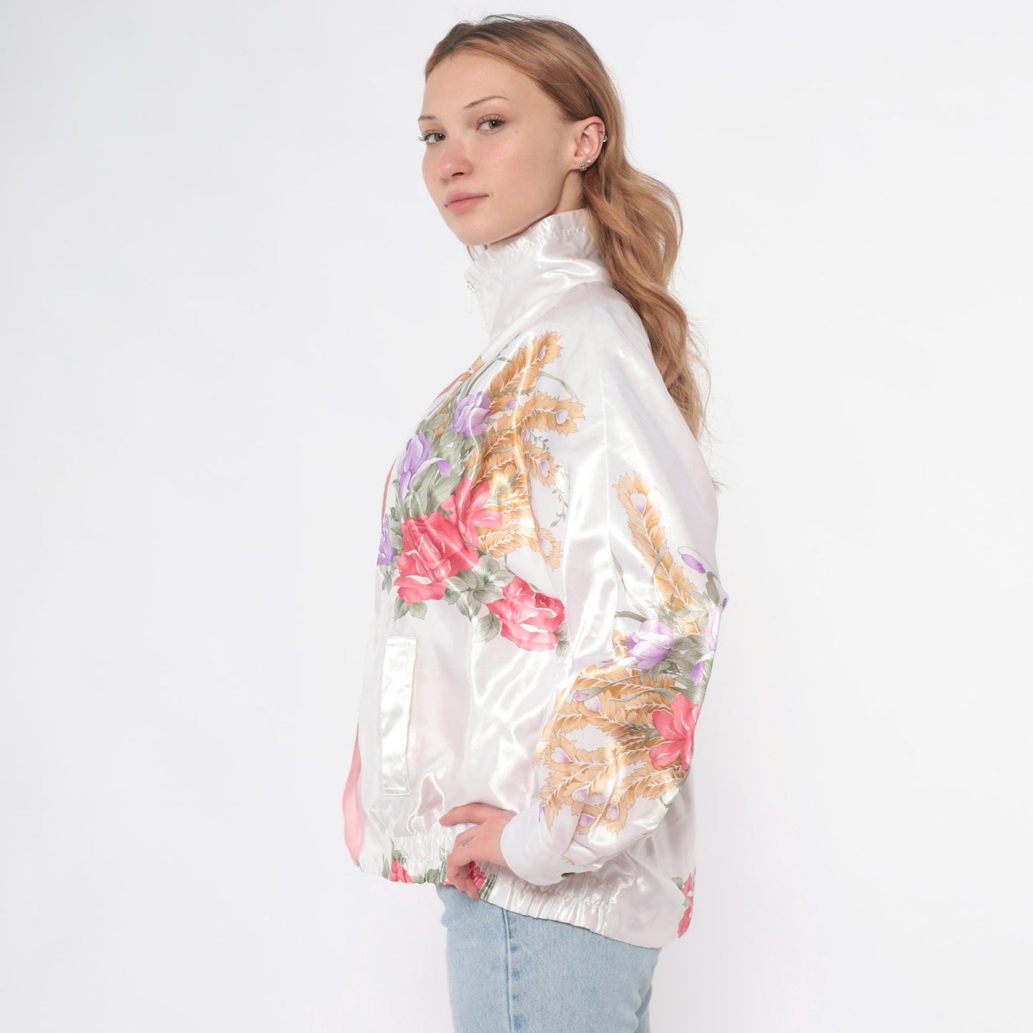 90s Floral Satin Bomber Jacket White Pink Rose Purple Wheat Zip Medium