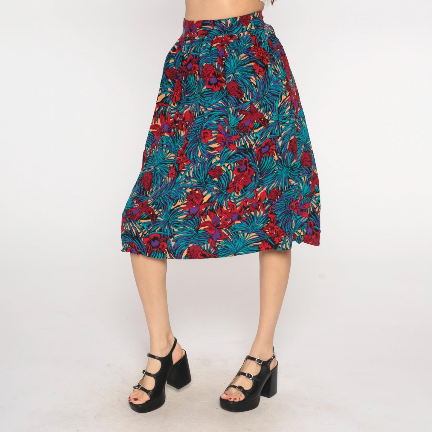 90s Tropical Palm Floral Maxi Skirt Turquoise Purple Elastic Waist Medium