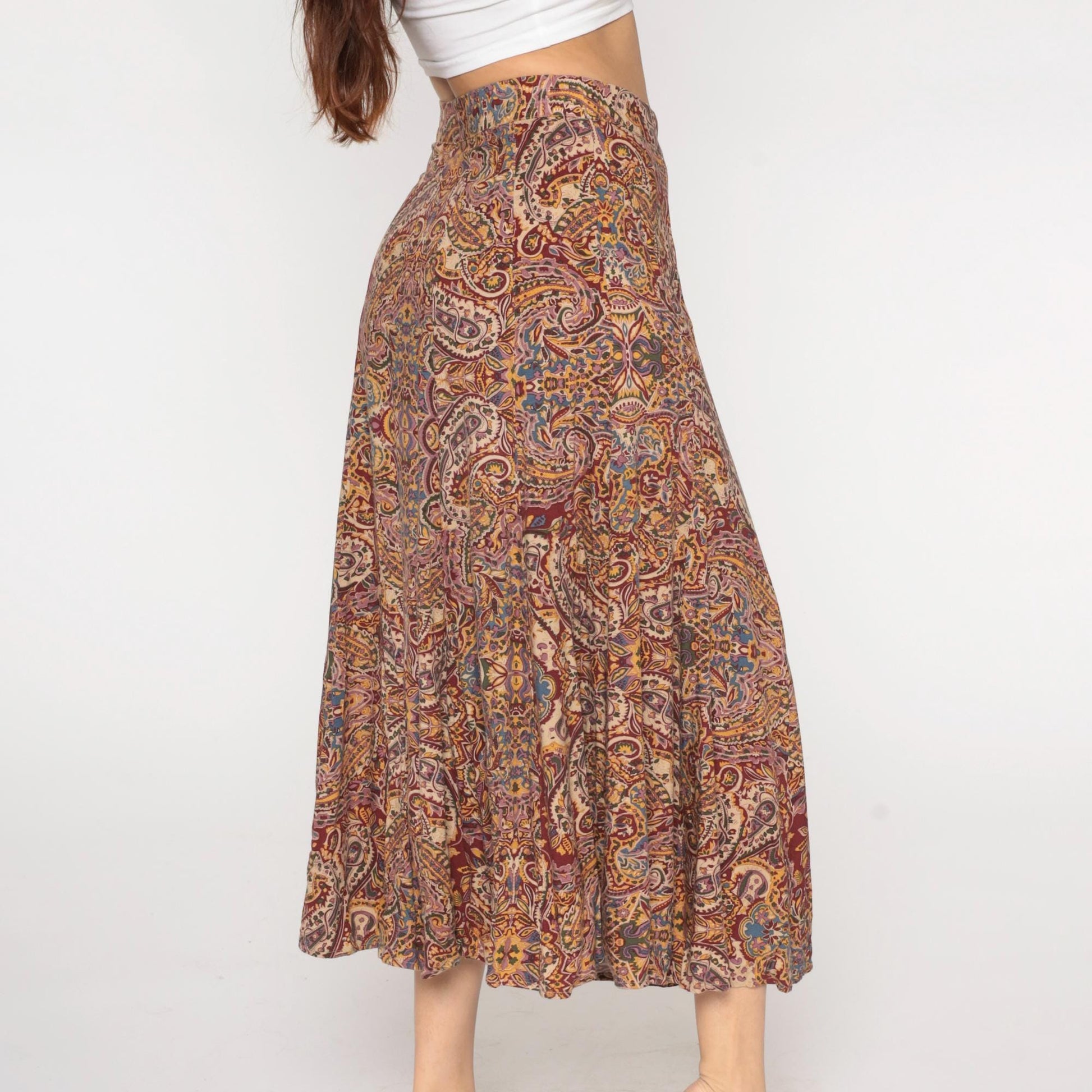 90s Express Paisley Midi Skirt Button Front Brown Purple Gold Medium M