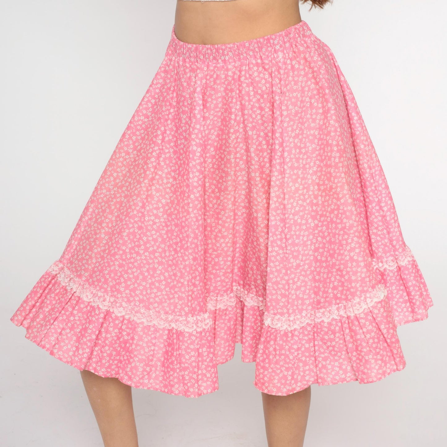 80s Pink Floral Tiered Midi Skirt White Lace Trim Gathered Medium