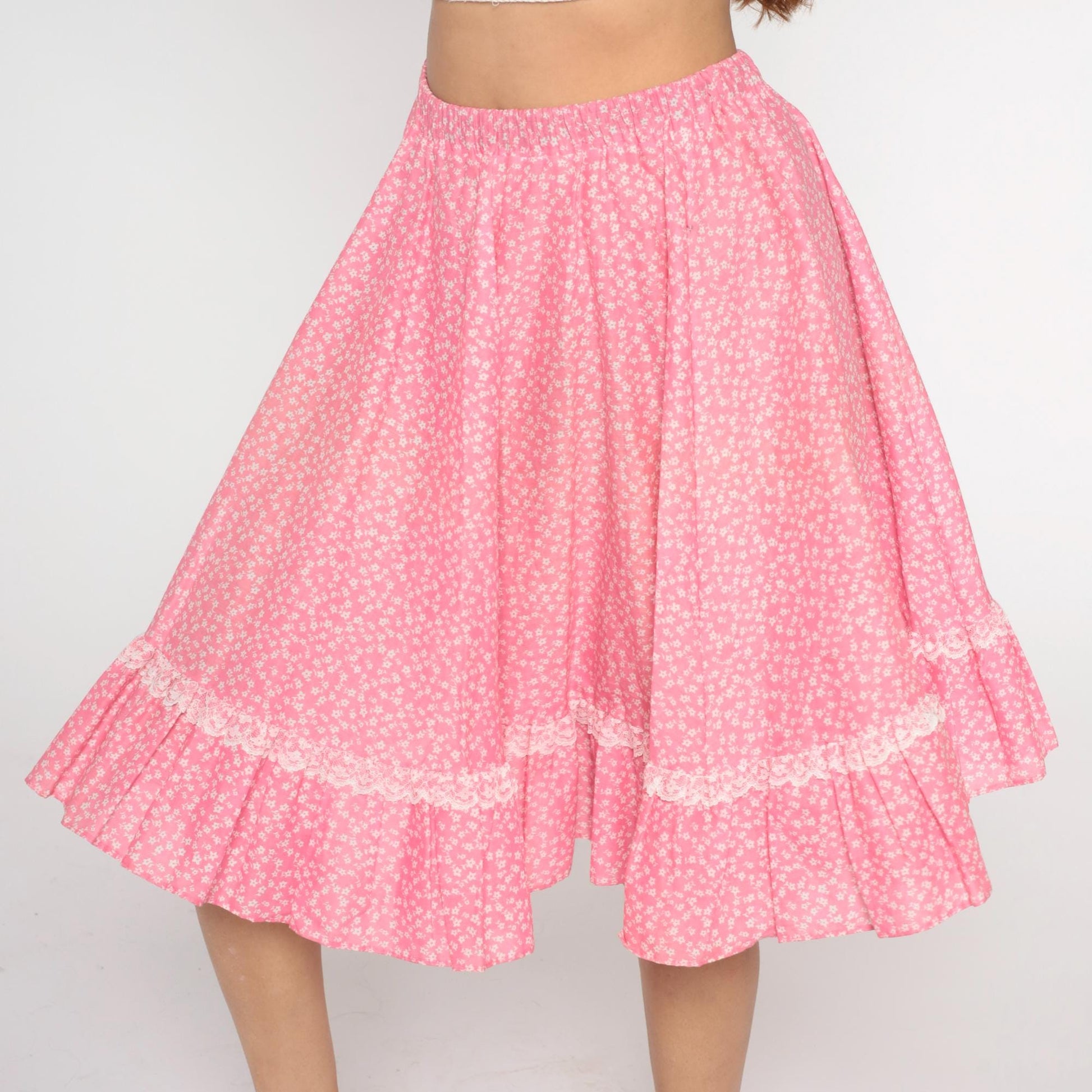 80s Pink Floral Tiered Midi Skirt White Lace Trim Gathered Medium