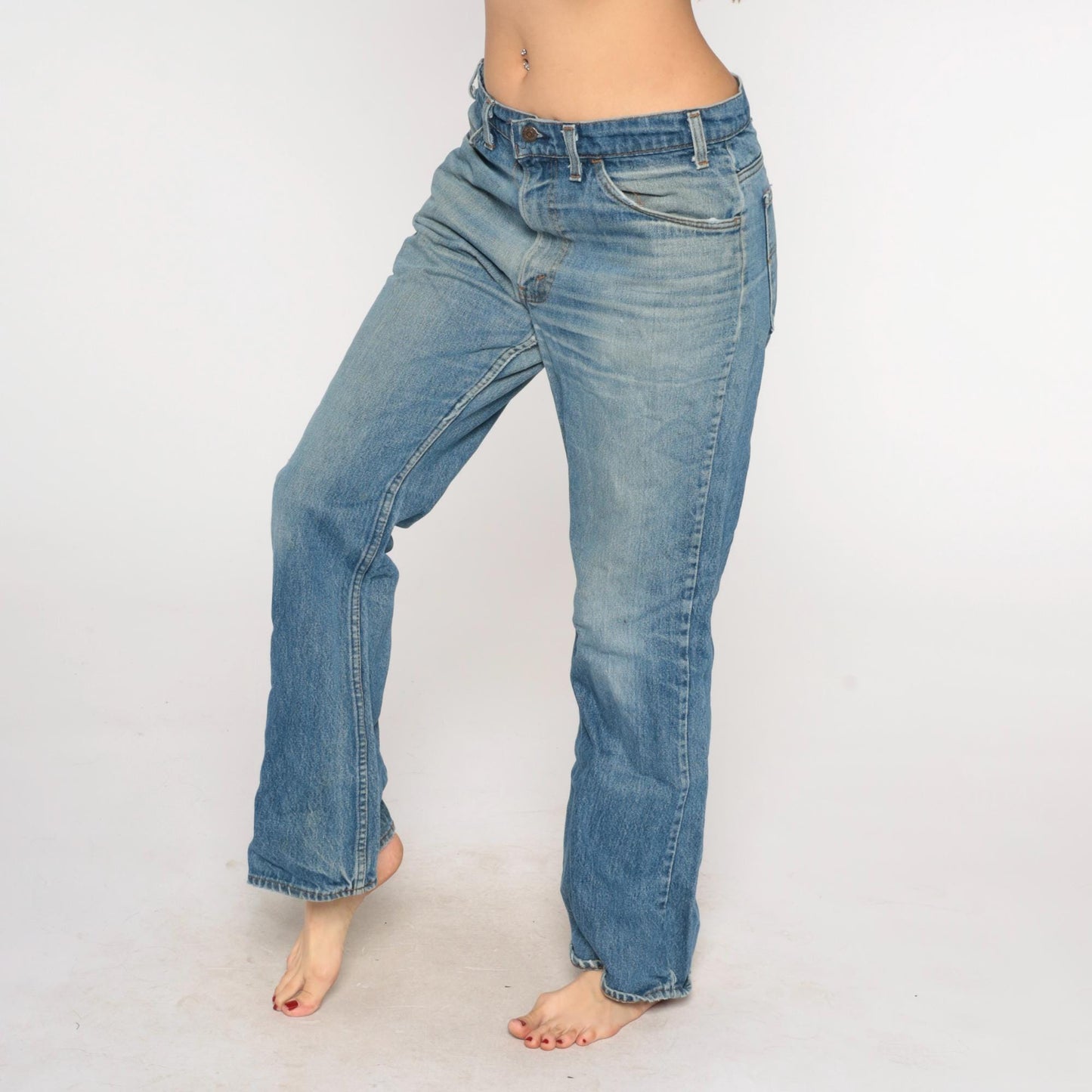 80s Levi's Bootcut Jeans Light Blue Faded Orange Tab Button Fly 34W 31L