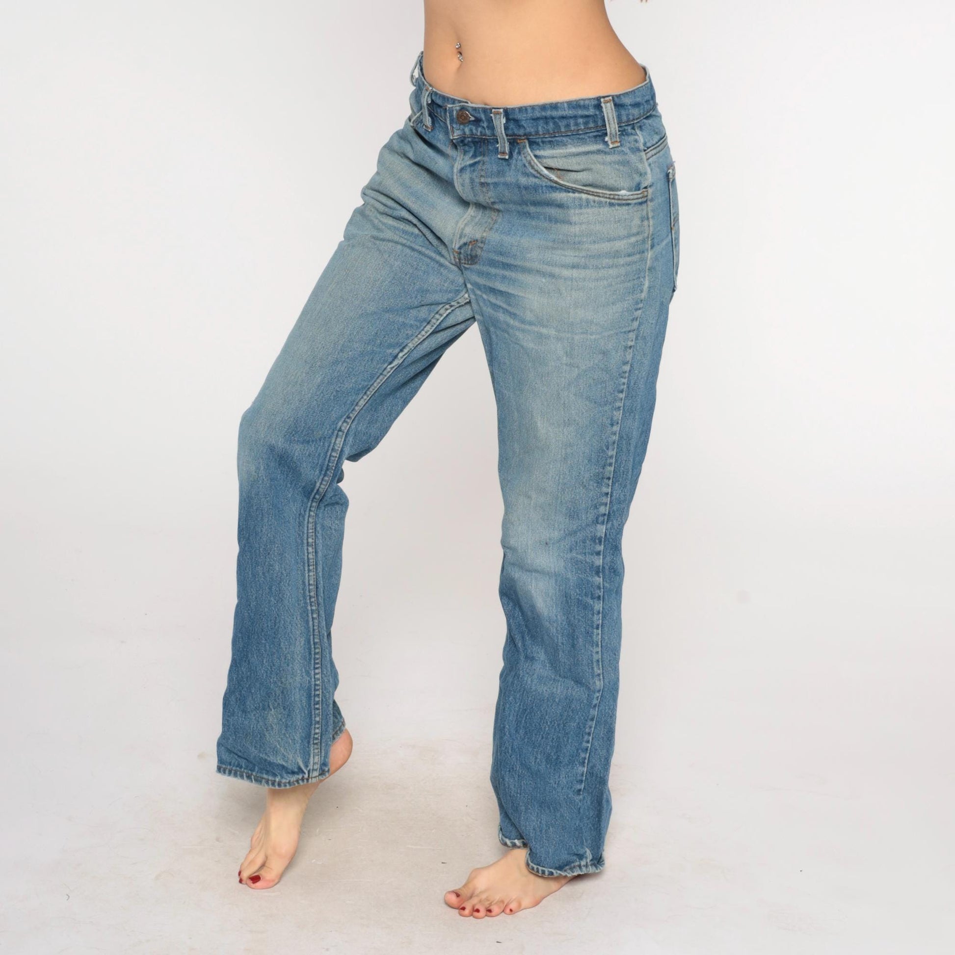 80s Levi's Bootcut Jeans Light Blue Faded Orange Tab Button Fly 34W 31L