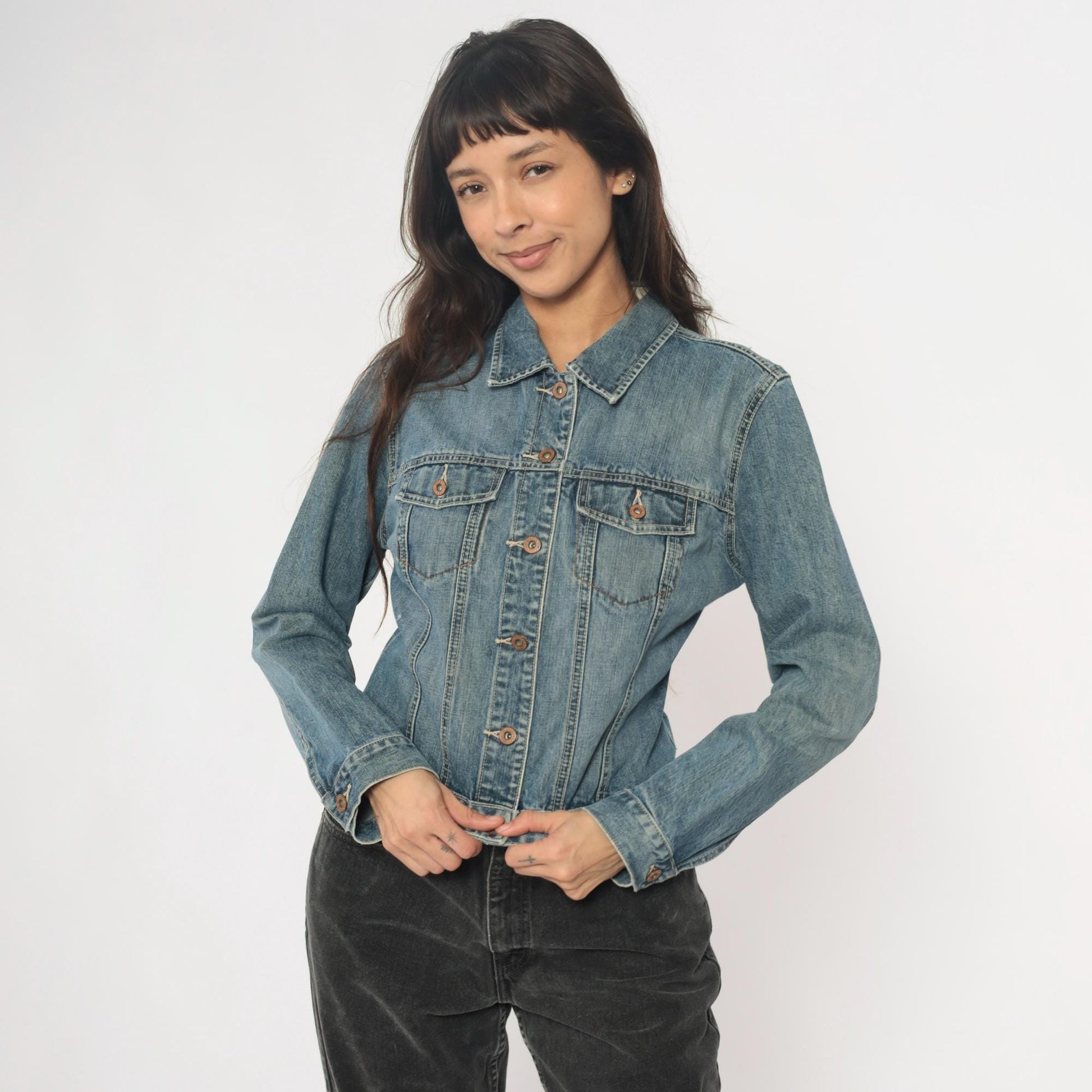 Y2K Gap Light Wash Denim Jacket Princess Seam Fitted Cropped Medium M