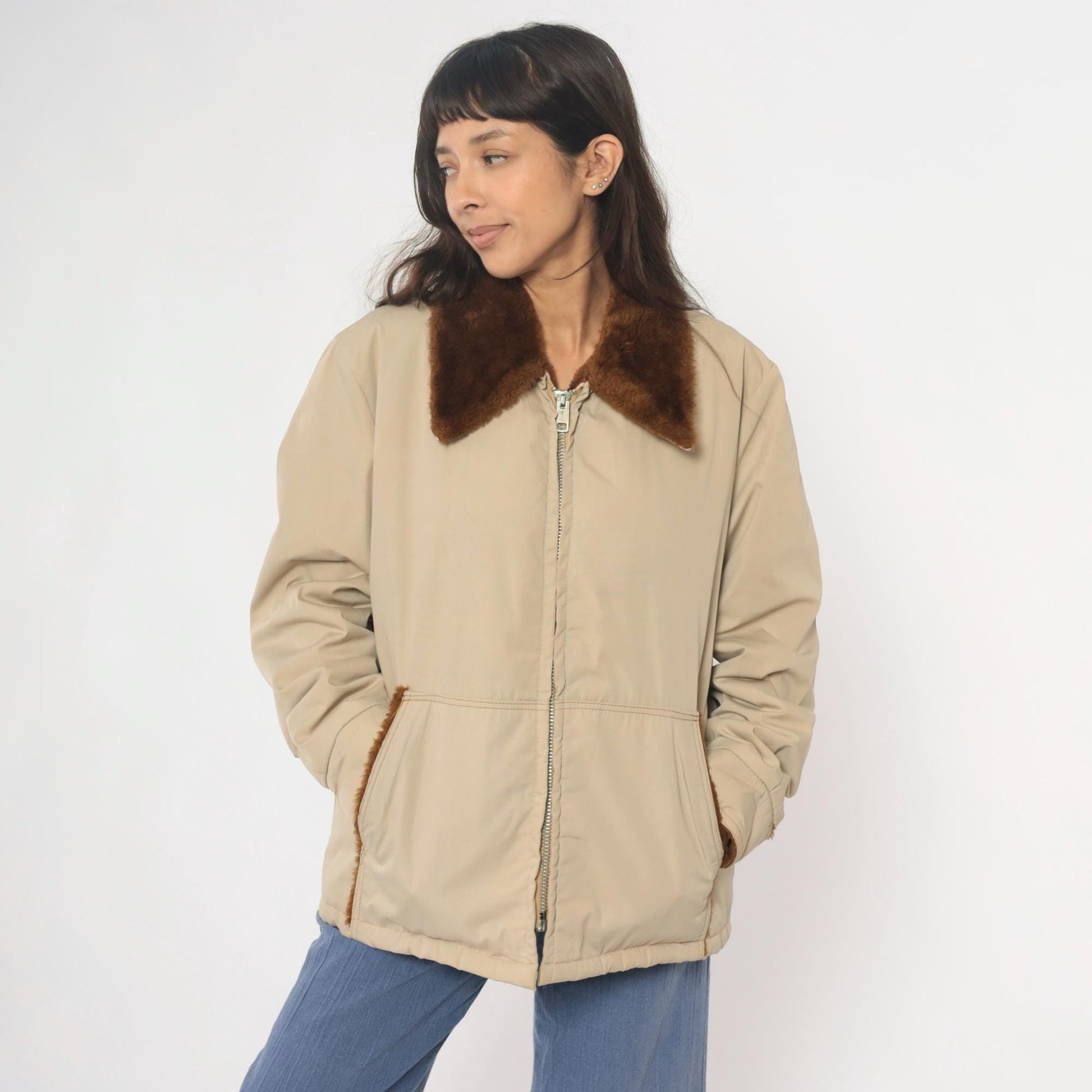 80s Weathercastle Bomber Jacket Beige Faux Fur Collar Lined Large