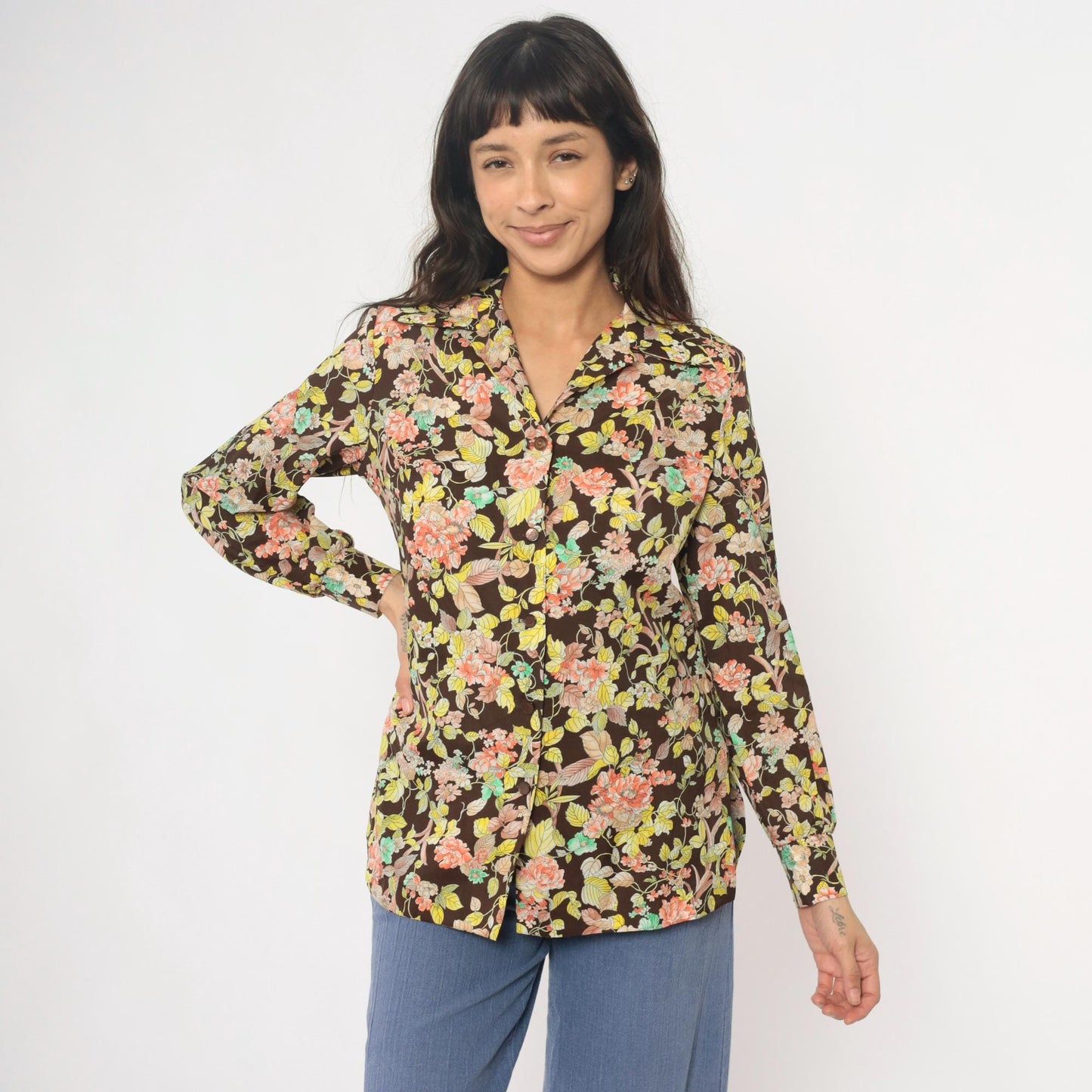 70s Pykettes Floral Blouse Brown Psychedelic Print Collared Long Sleeve Medium