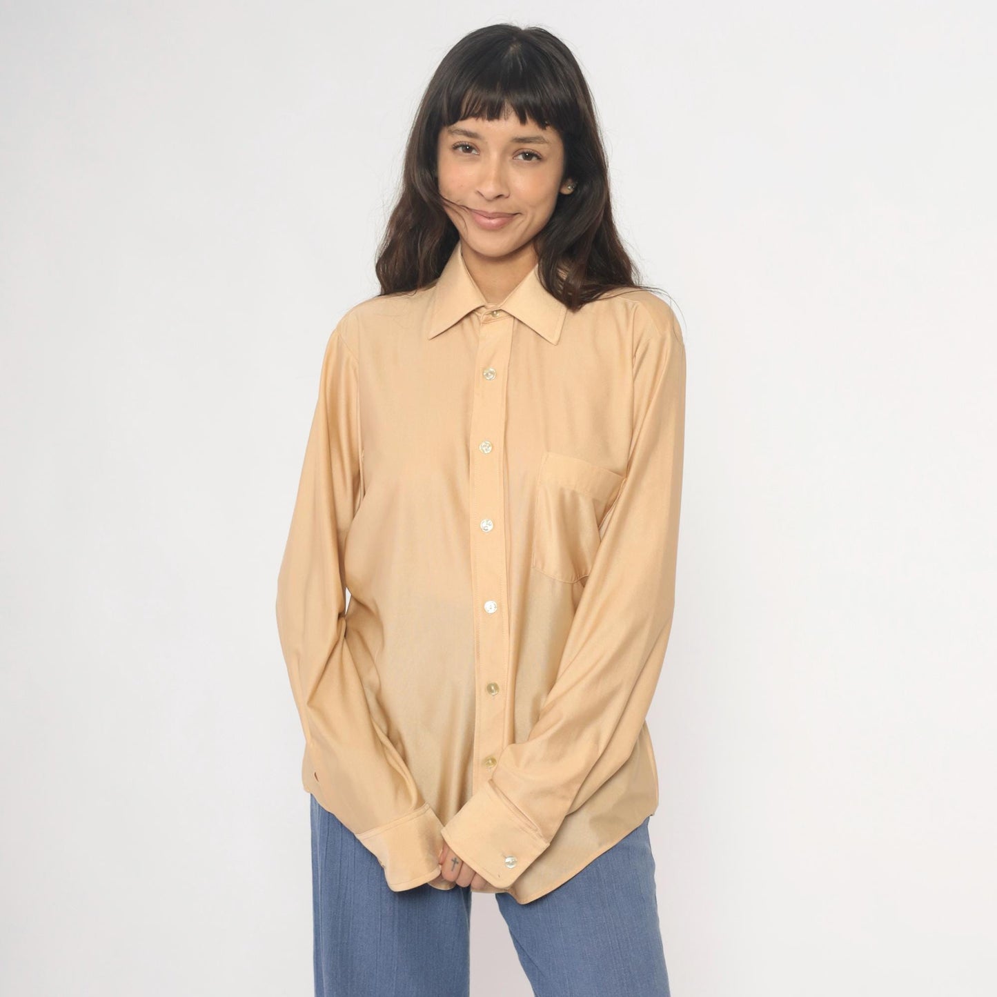 70s Arrow Kent Cream Nylon Button-Up Blouse Pointed Collar Long Sleeve Large