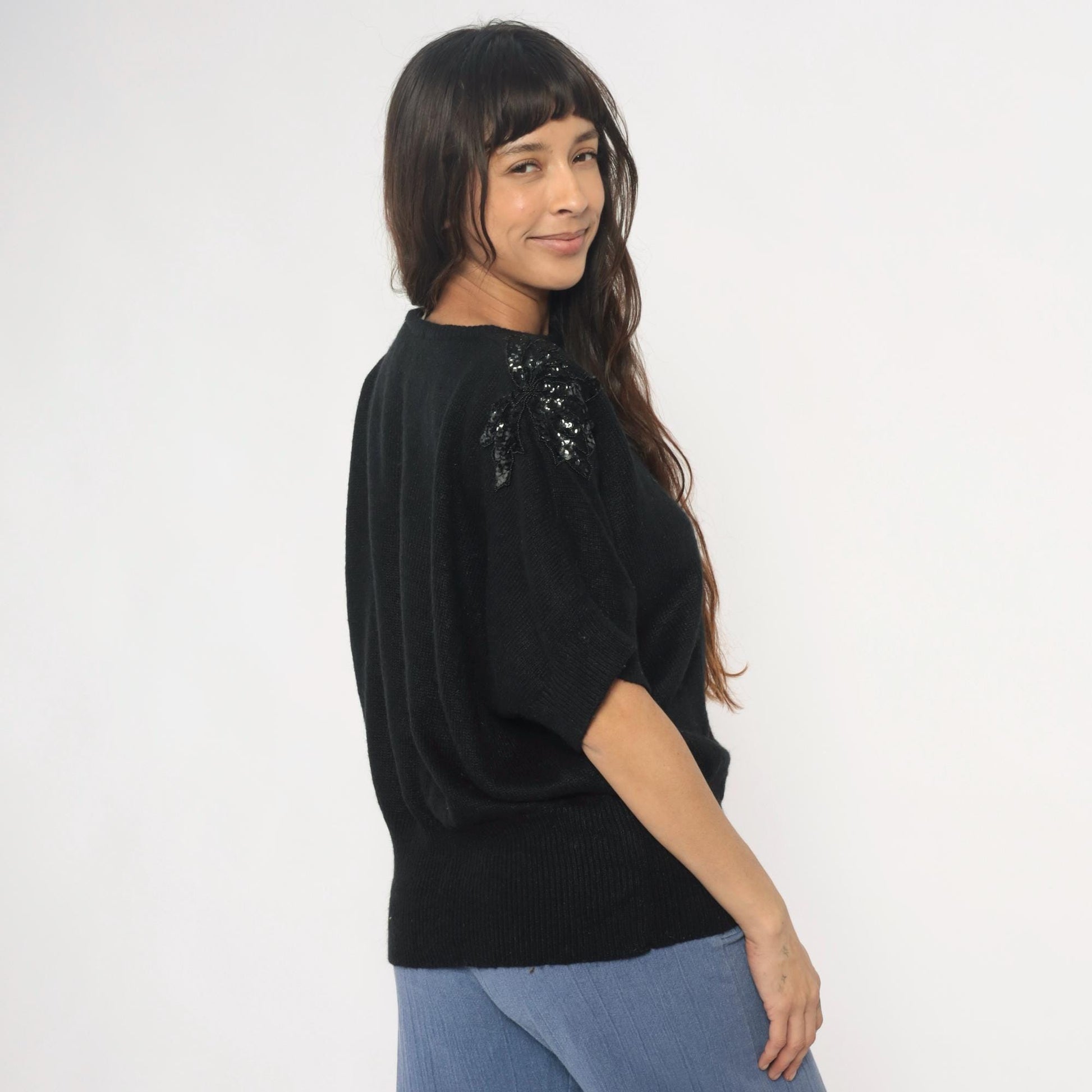 90s Justin B Jones Black Sequin Shoulder Knit Sweater Medium M