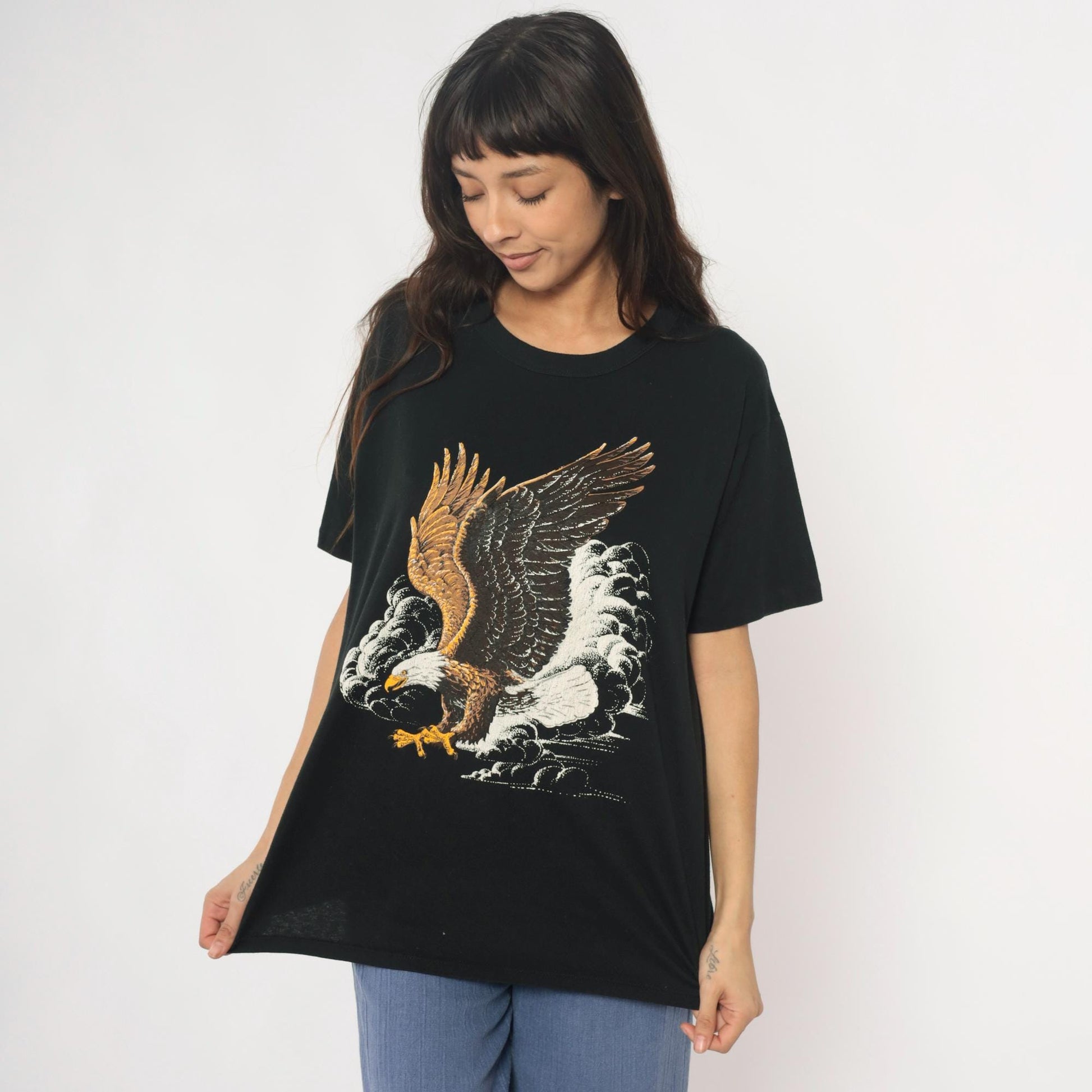 90s Bald Eagle Graphic T-Shirt Black Cotton Tee Large L