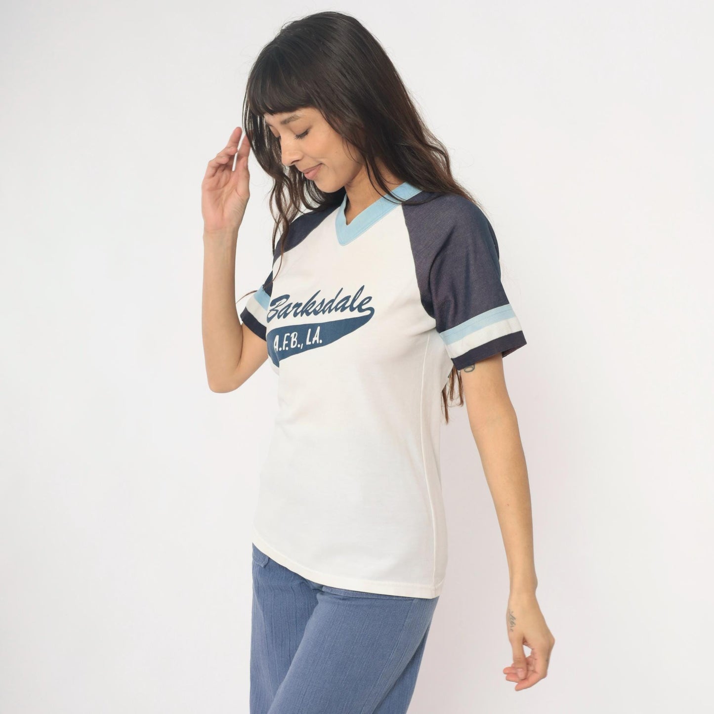 80s Barksdale A.F.B. Raglan Jersey Number 24 White Navy V-Neck Small