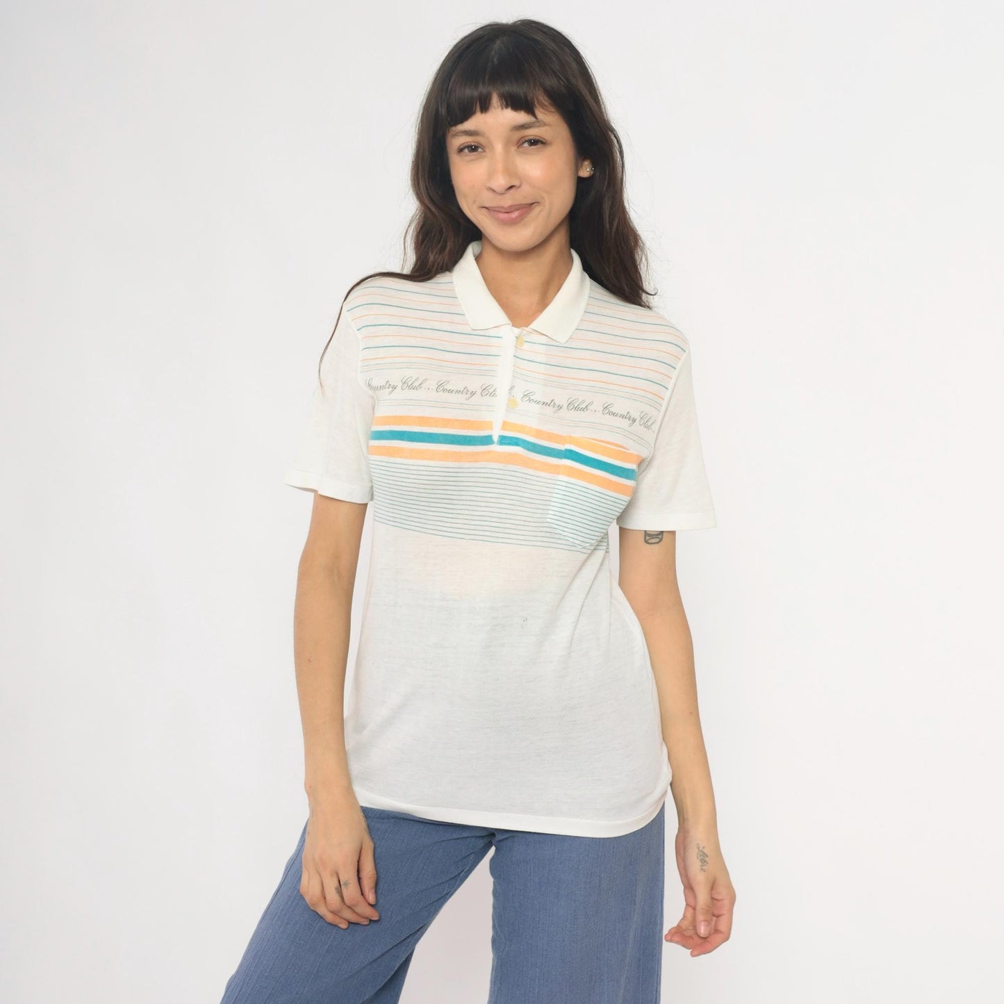 80s Country Club Polo Shirt Striped Cream Teal Peach Small