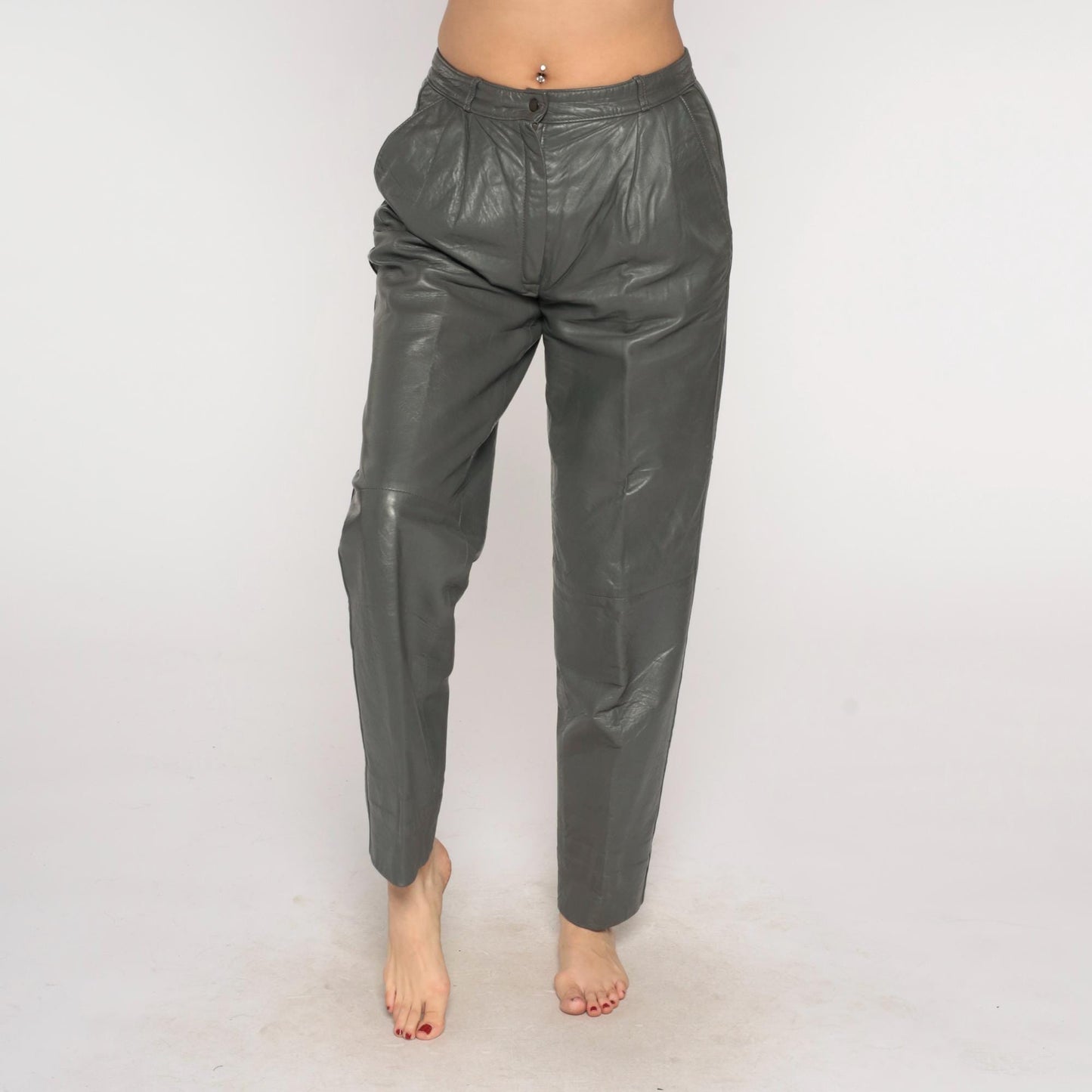 80s Grey Leather Pants High Waist Pleated Front Tapered Leg Medium