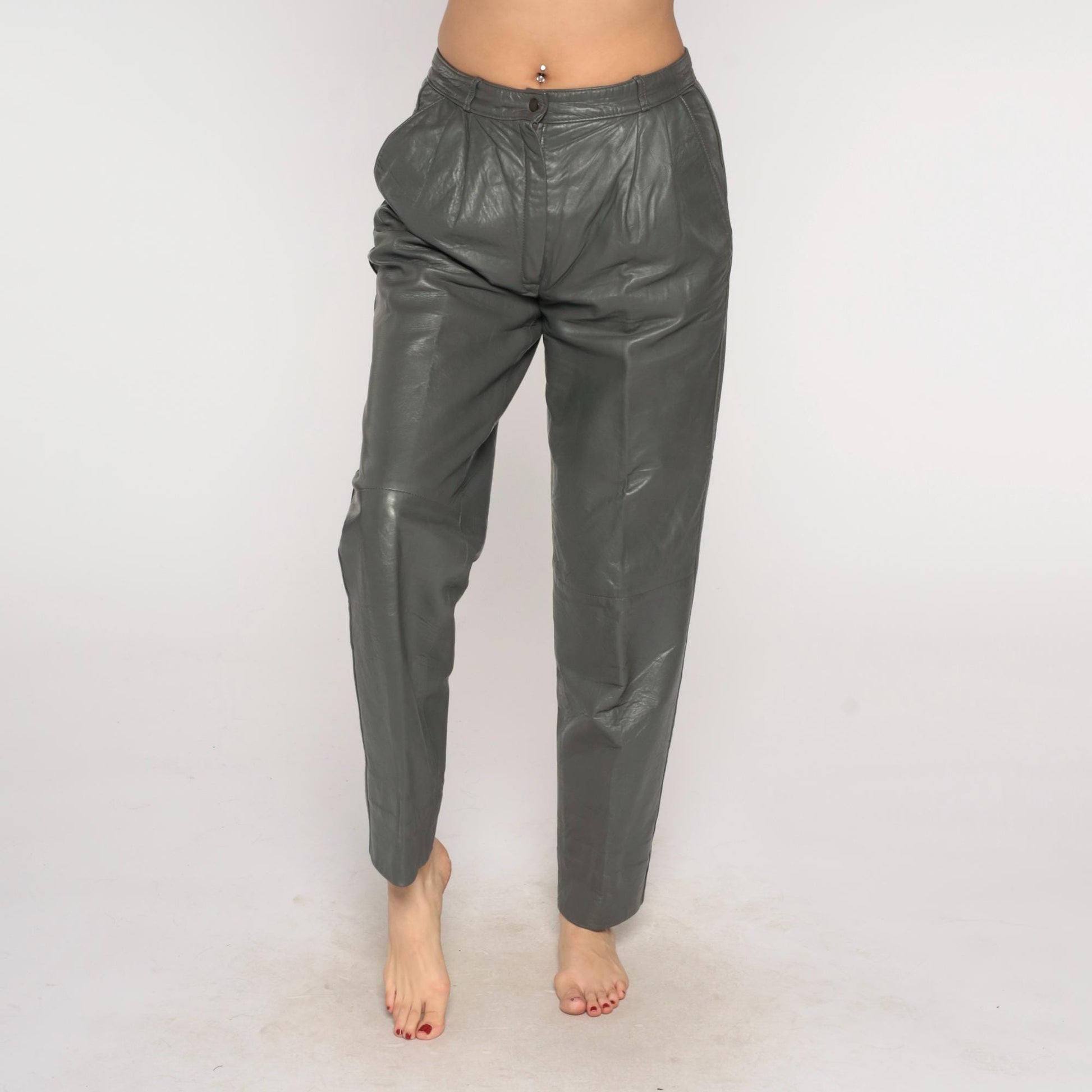 80s Grey Leather Pants High Waist Pleated Front Tapered Leg Medium