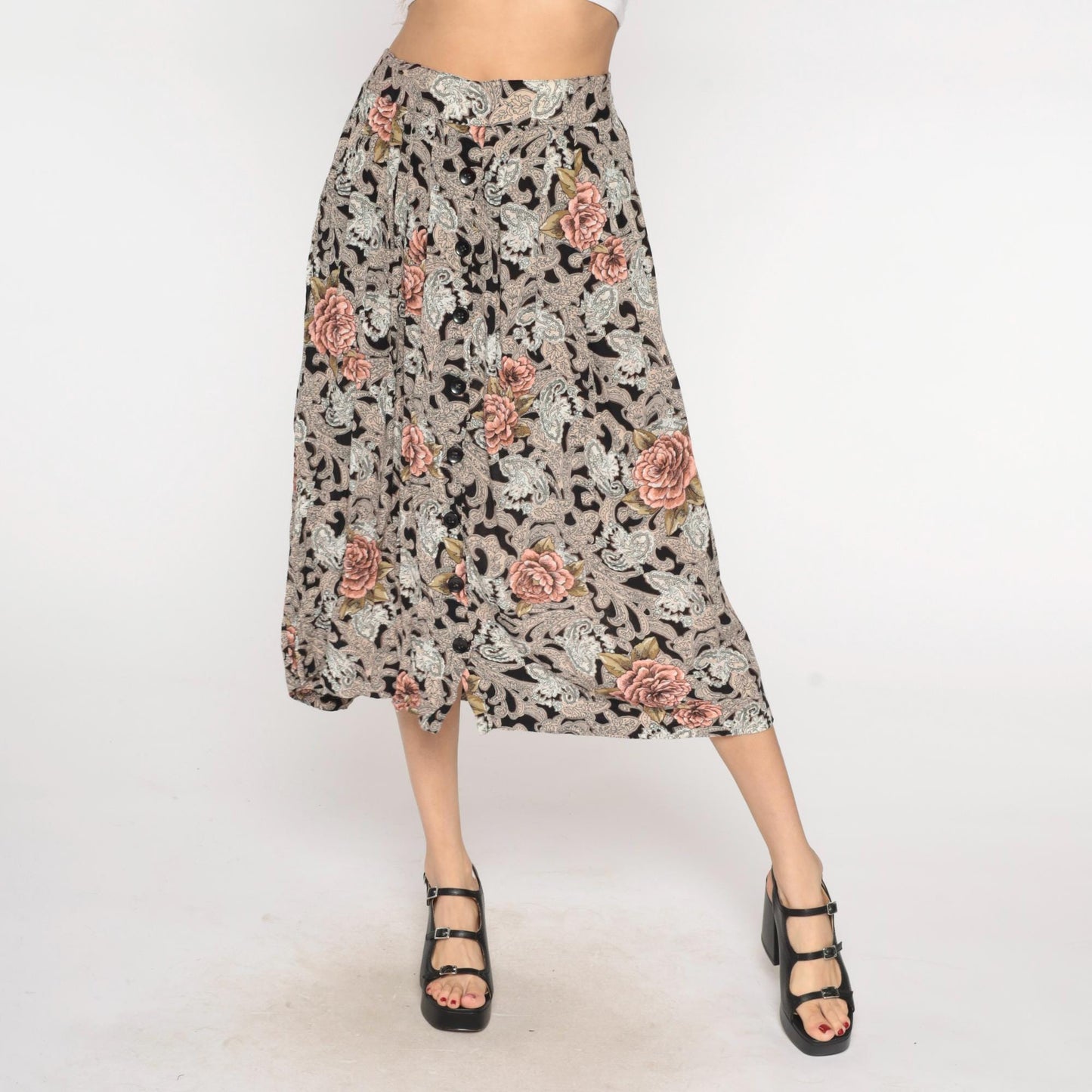 90s Melrose Floral Paisley Midi Skirt Black Pink Elastic Waist Large