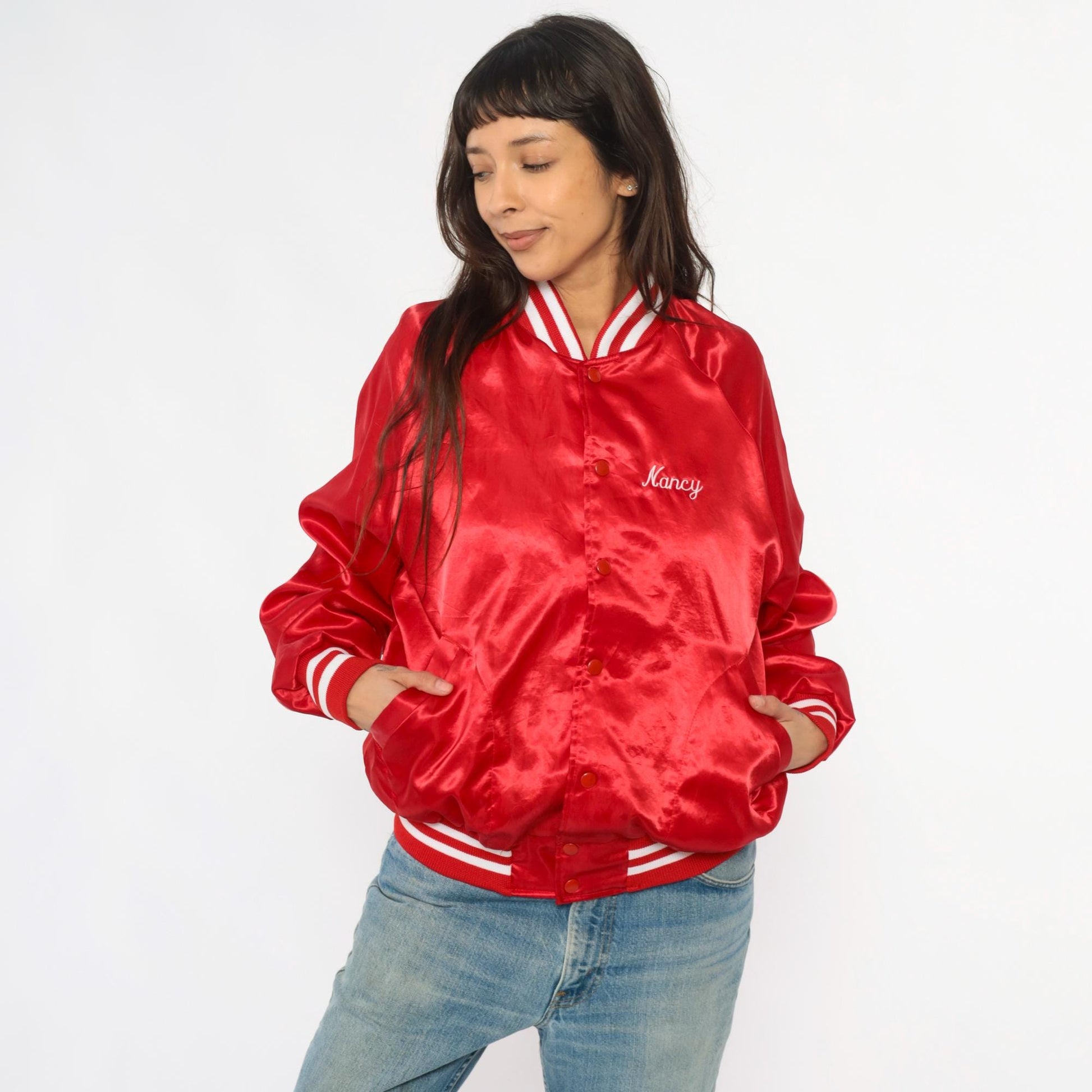90s Red Satin Bomber Jacket Embroidered Salem Farms Campground Connecticut Large