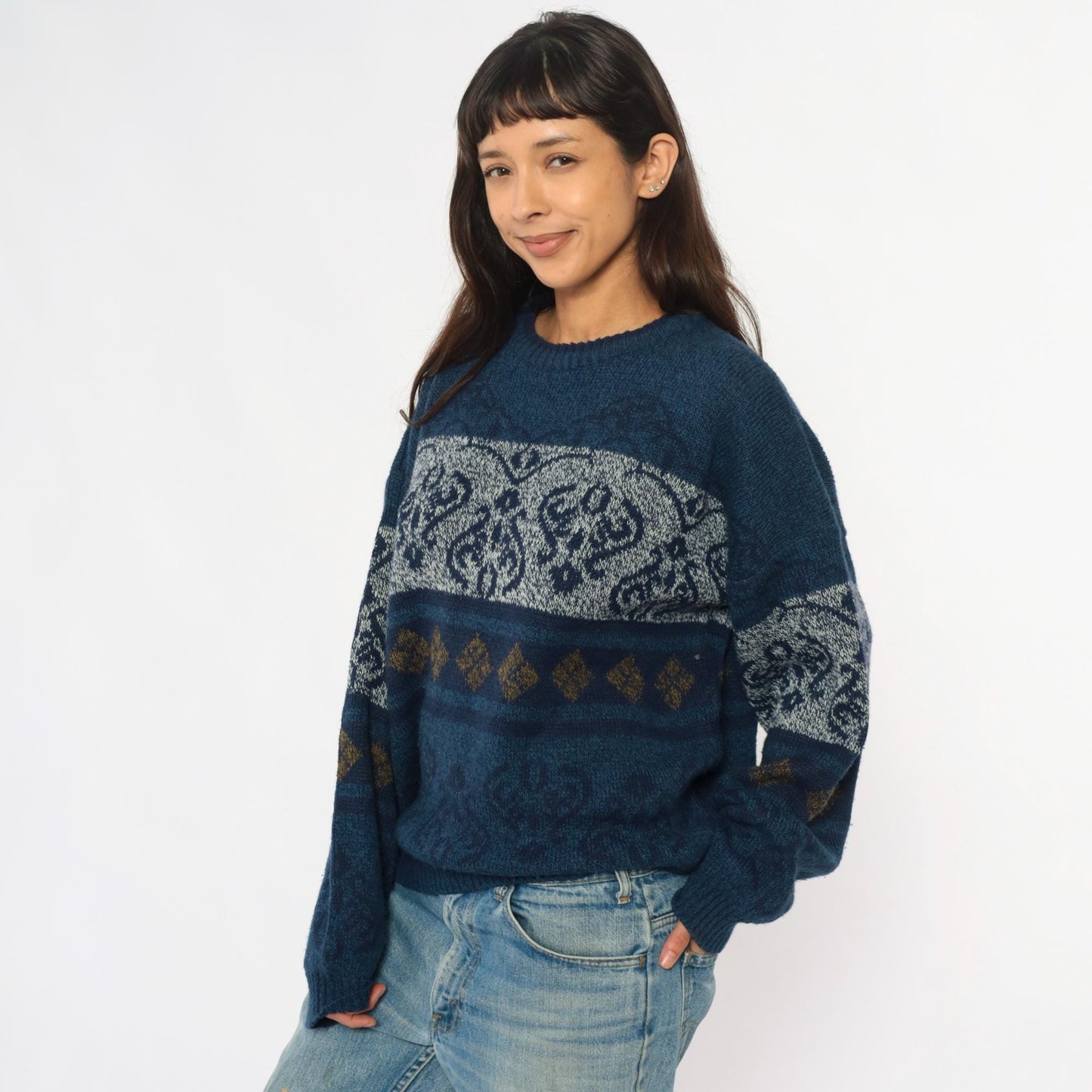 90s Fair Isle Sweater Navy White Gold Geometric Knit Crewneck Large L