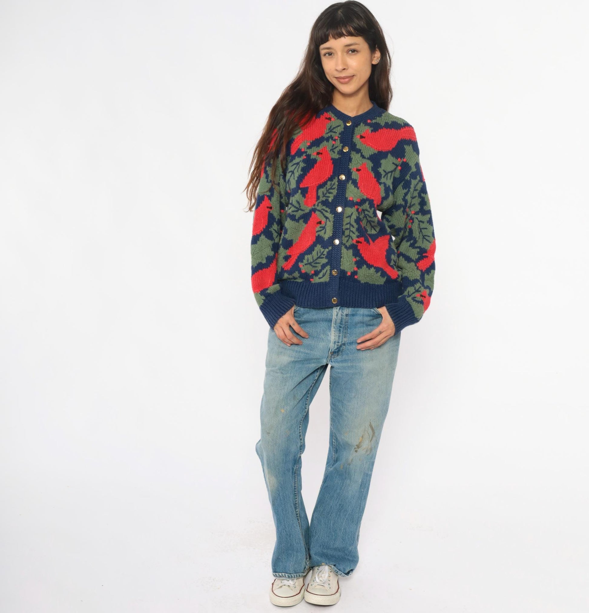 90s Orvis Cardinal Cardigan Navy Botanical Knit Large L