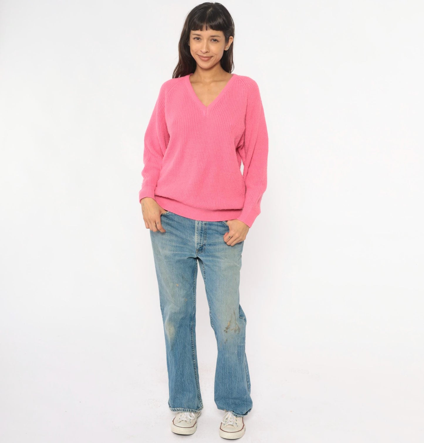 90s Pink V-Neck Sweater Ribbed Knit Pullover Jumper Large L