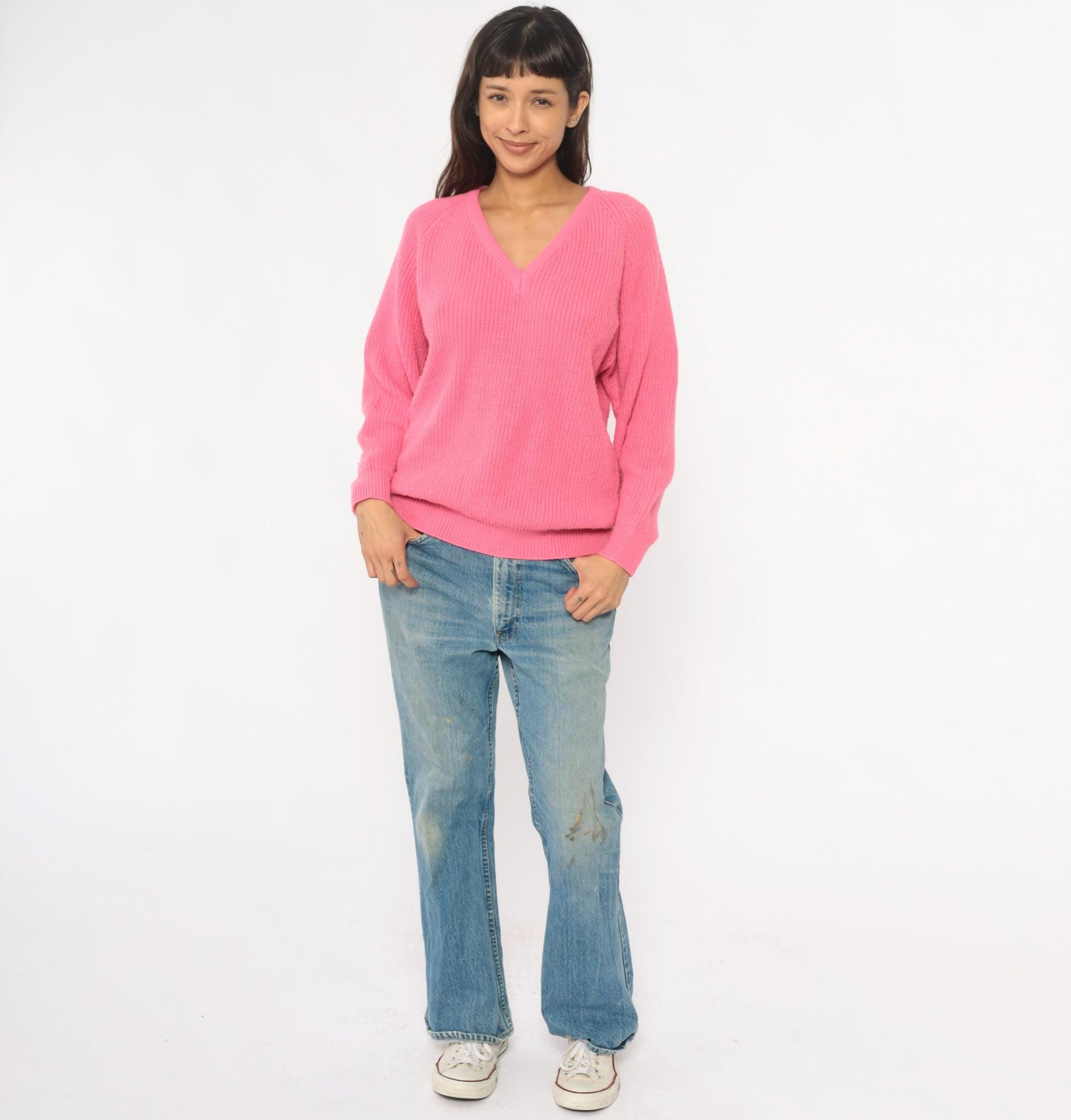 90s Pink V-Neck Sweater Ribbed Knit Pullover Jumper Large L