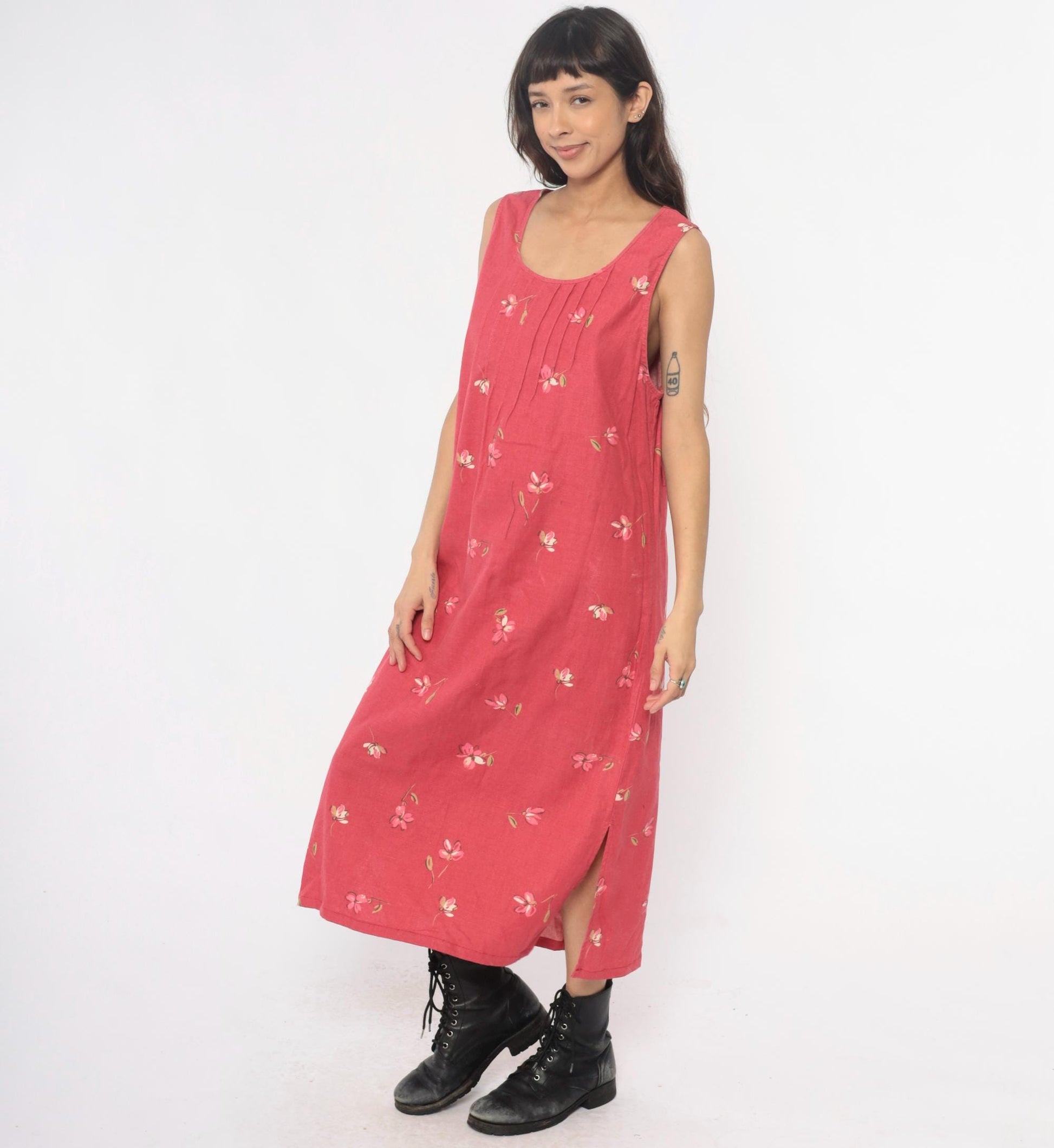 90s White Stag Floral Maxi Dress Pink Linen Cotton Blend Pintuck Medium M
