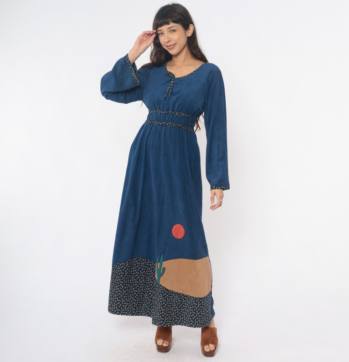 70s Blue Maxi Dress Empire Waist Desert Cactus Appliqué Long Sleeve Medium