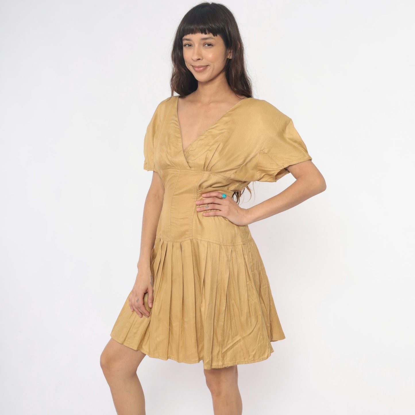 80s Golden Yellow Sundress Puff Sleeve V-Neck Tie Waist Pleated Small S