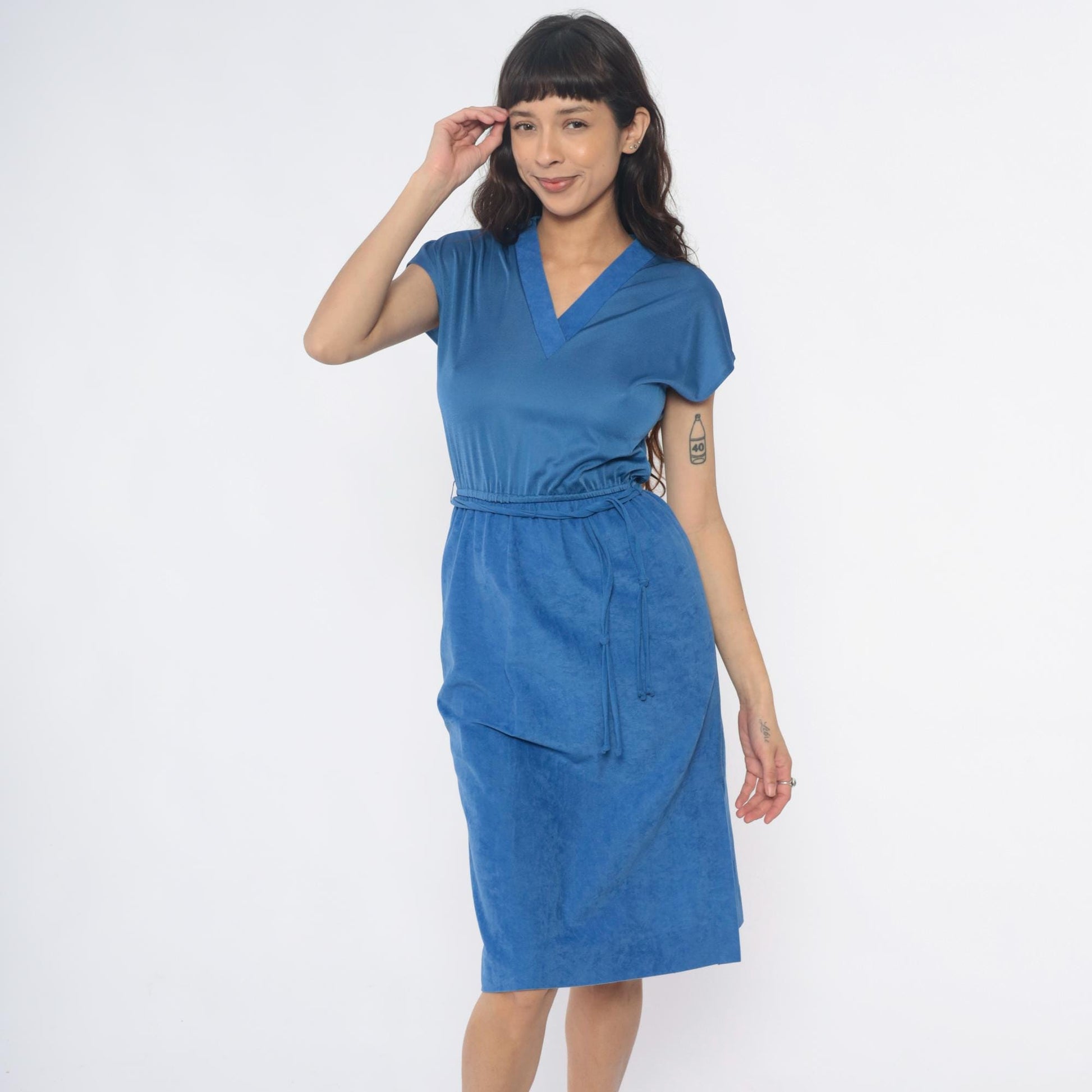 80s Gail Gray Periwinkle Midi Wrap Dress V-Neck Belted Small