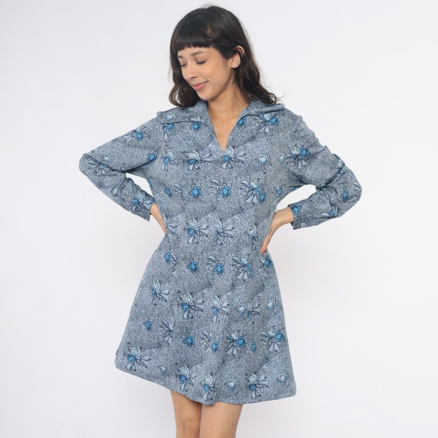 70s Blue-Gray Floral Bow Shirt Dress Pointed Collar Knee-Length Large