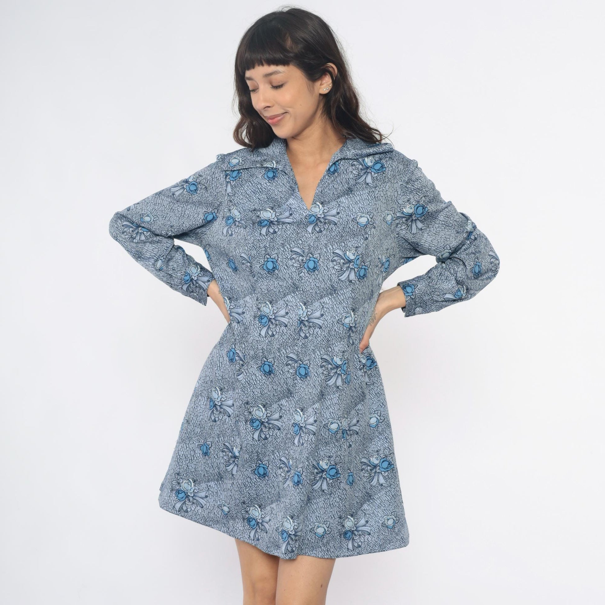 70s Blue-Gray Floral Bow Shirt Dress Pointed Collar Knee-Length Large