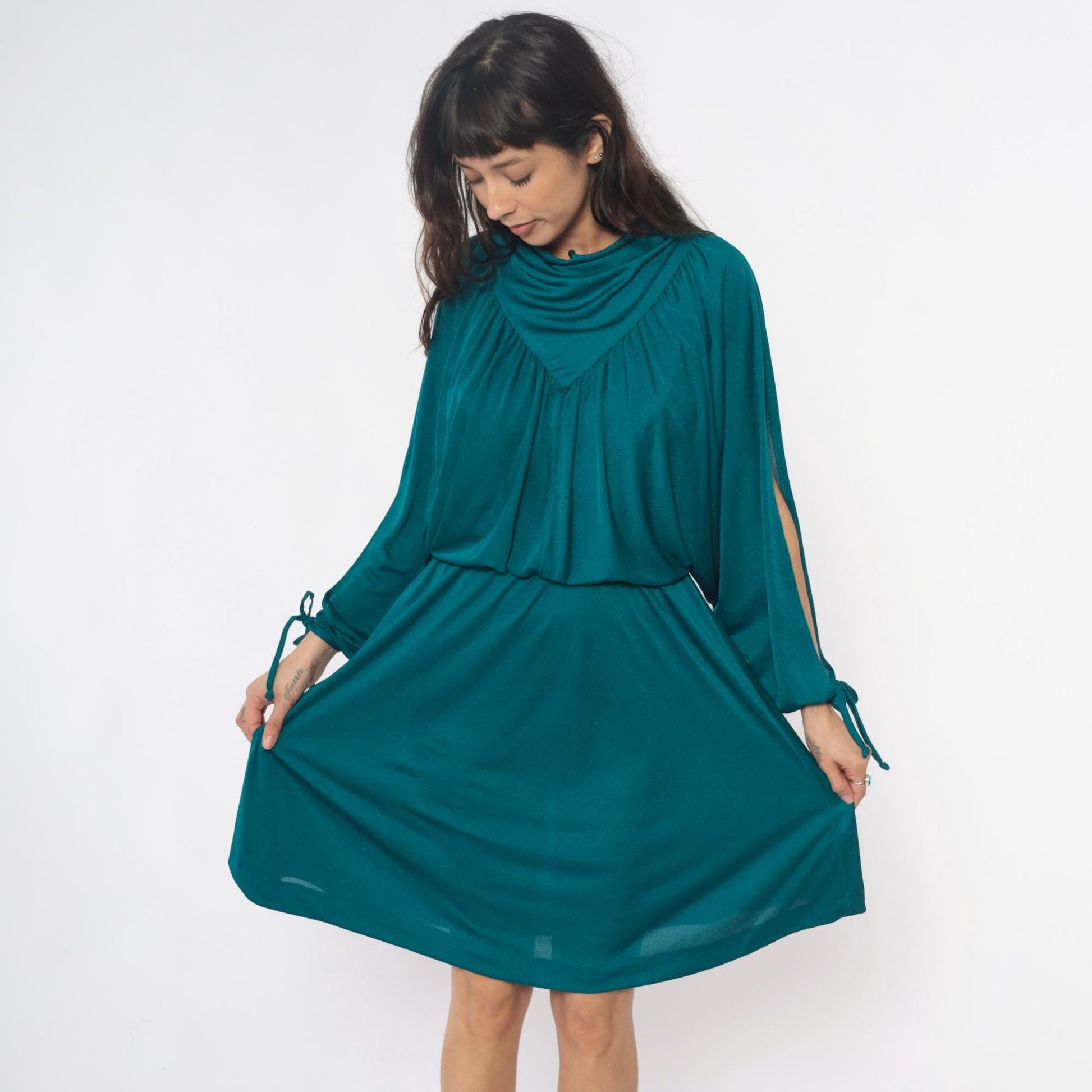80s Teal Cowl Neck Dress Draped Split Sleeve Knee-Length Small Medium