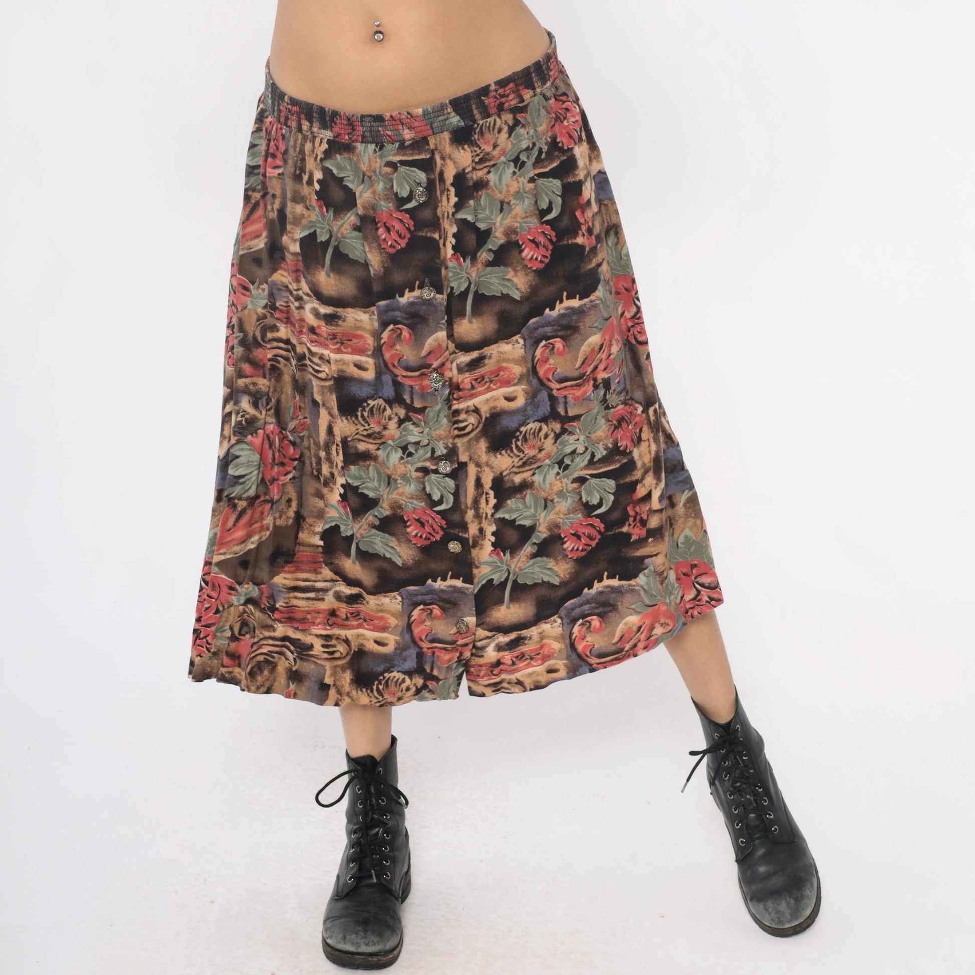 90s Floral Animal Print Midi Skirt Pink Green Brown Rayon Medium Large