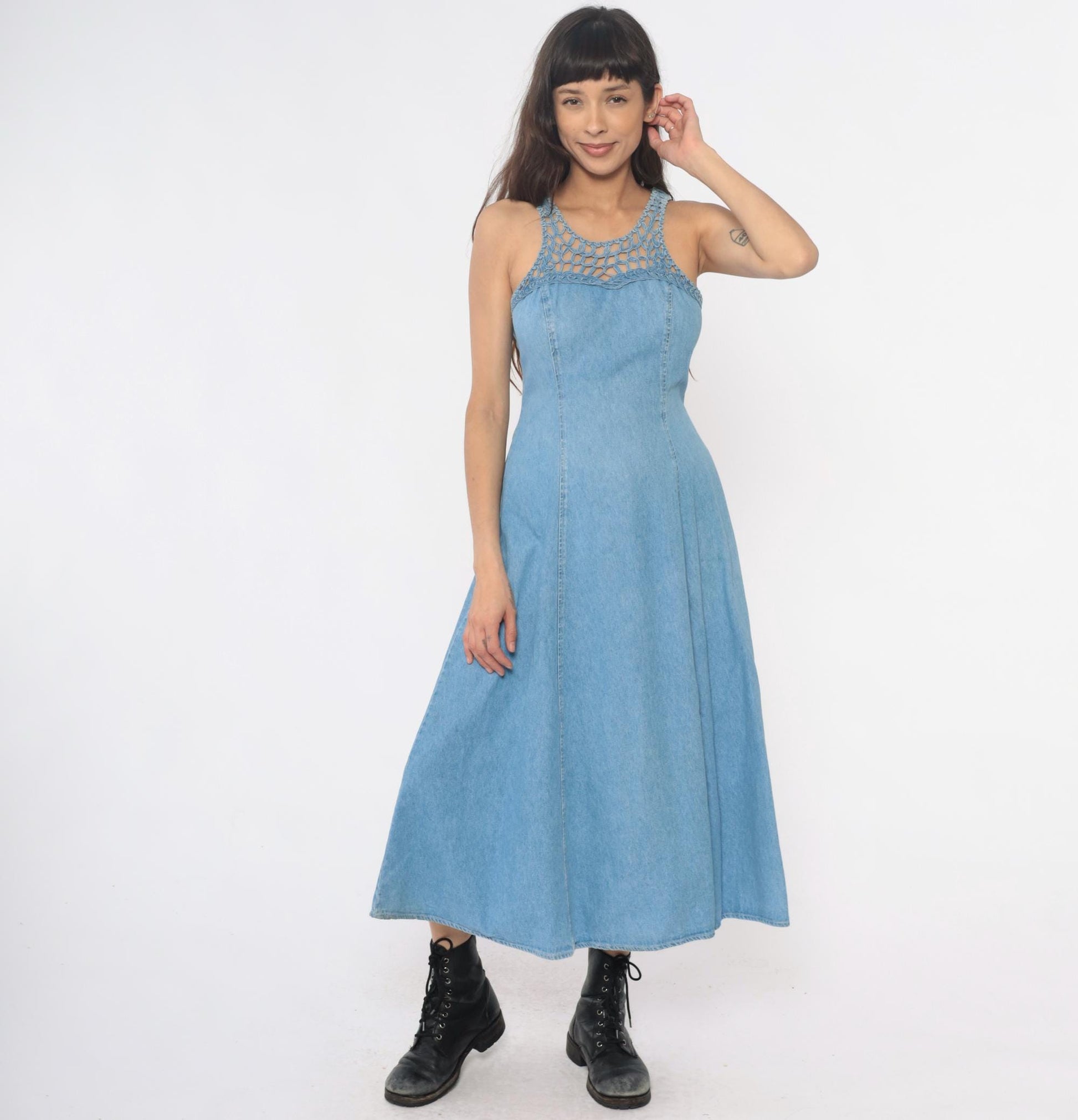 90s Jody California Denim Maxi Dress Light Blue Crochet Lace-Up Racerback Small